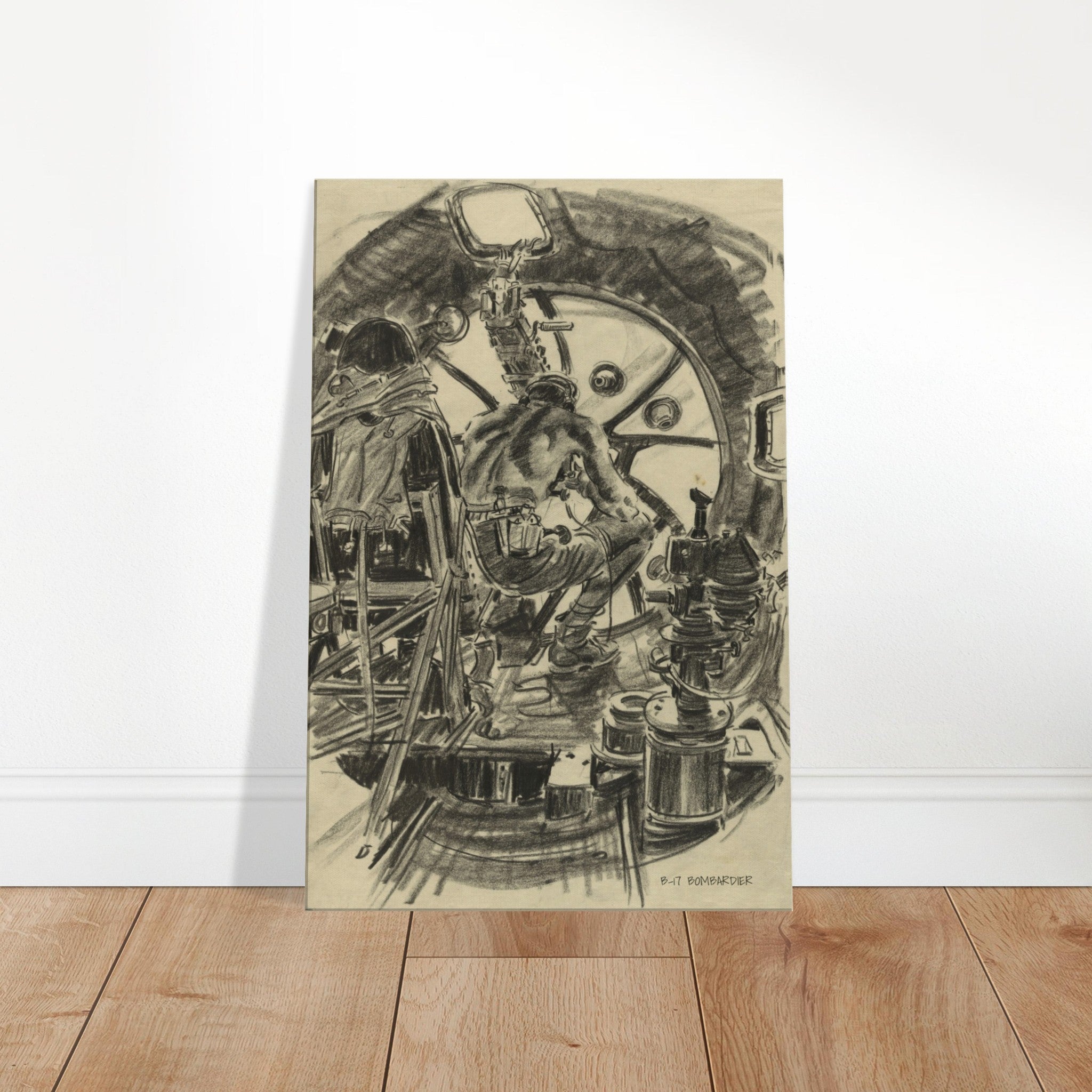 B-17 "Bombardier " Reproduction Charcoal Sketch On Canvas - I Love a Hangar