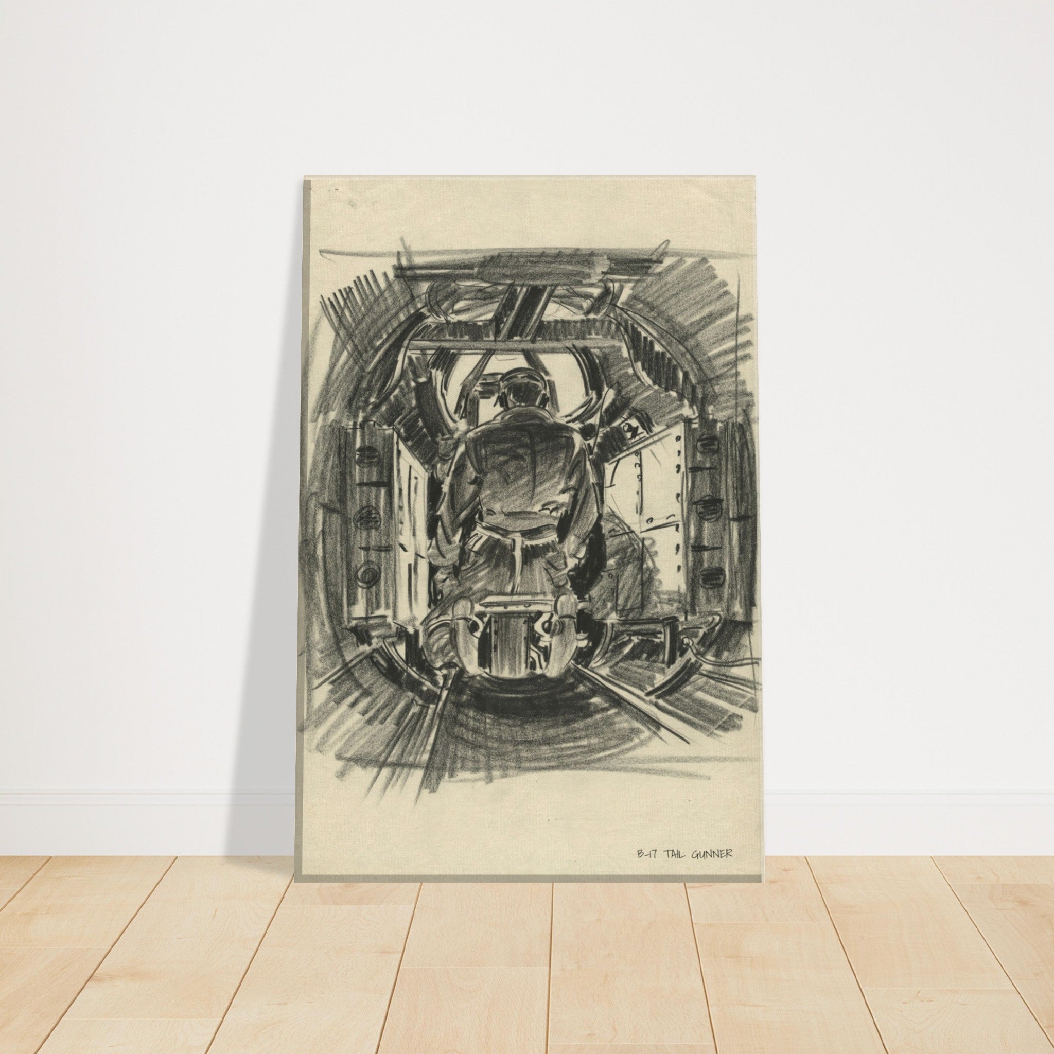 B-17 "Tail Gunner " Reproduction Charcoal Sketch On Canvas - I Love a Hangar