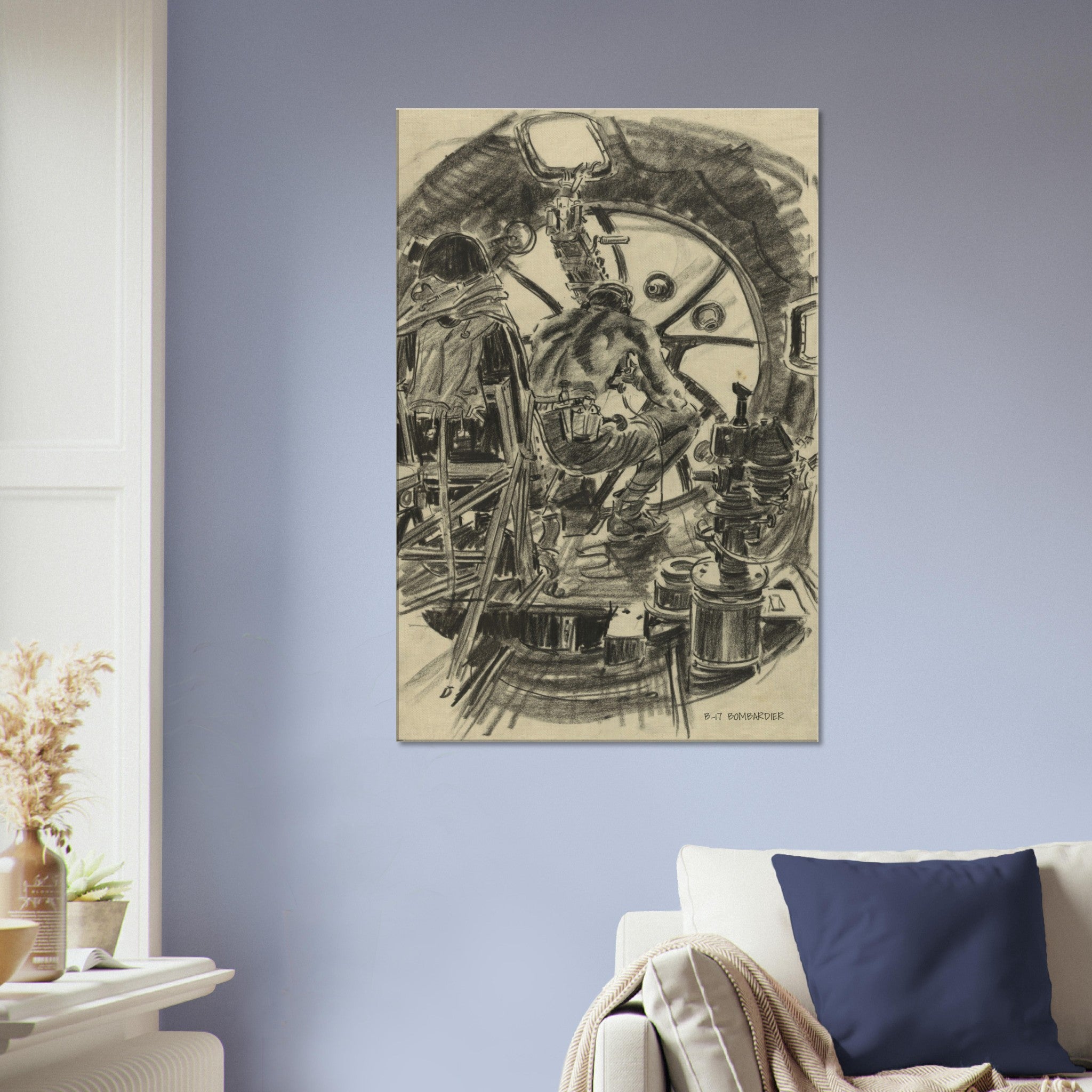 B-17 "Bombardier " Reproduction Charcoal Sketch On Canvas - I Love a Hangar