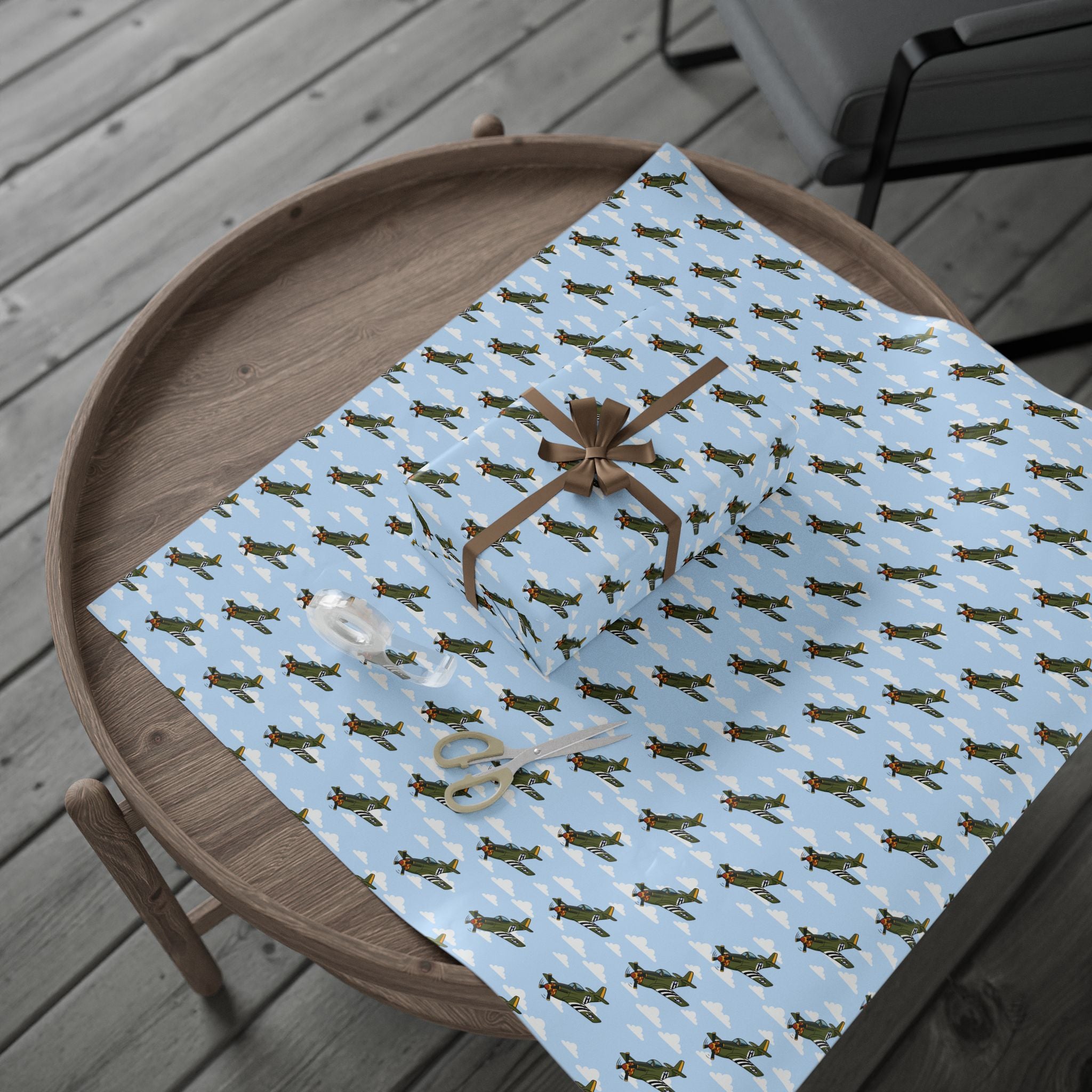 P-51 Mustang (Olive Drab) Wrapping Paper - Sky Blue - I Love a Hangar