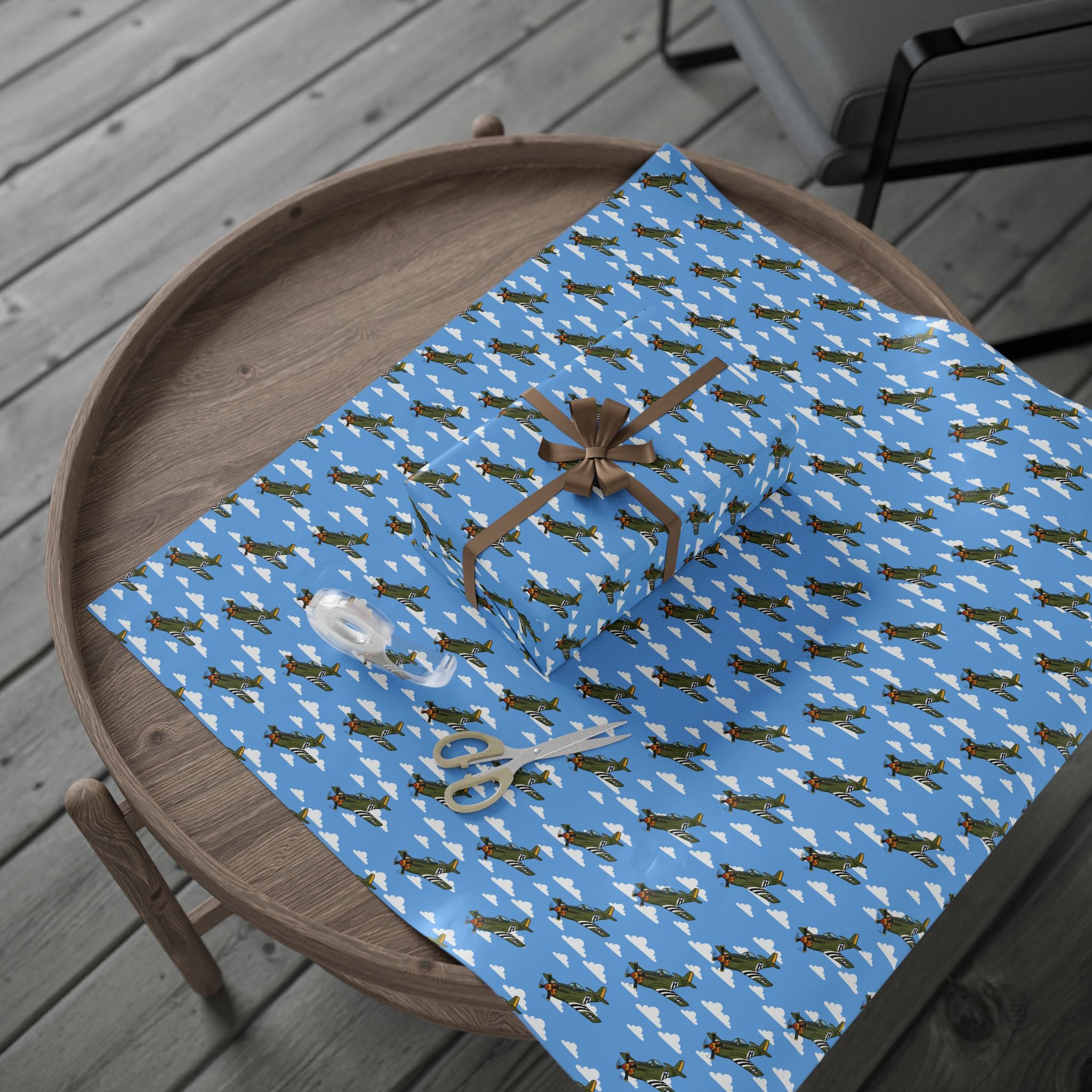 P-51 Mustang (Olive Drab) Wrapping Paper - Light Blue - I Love a Hangar