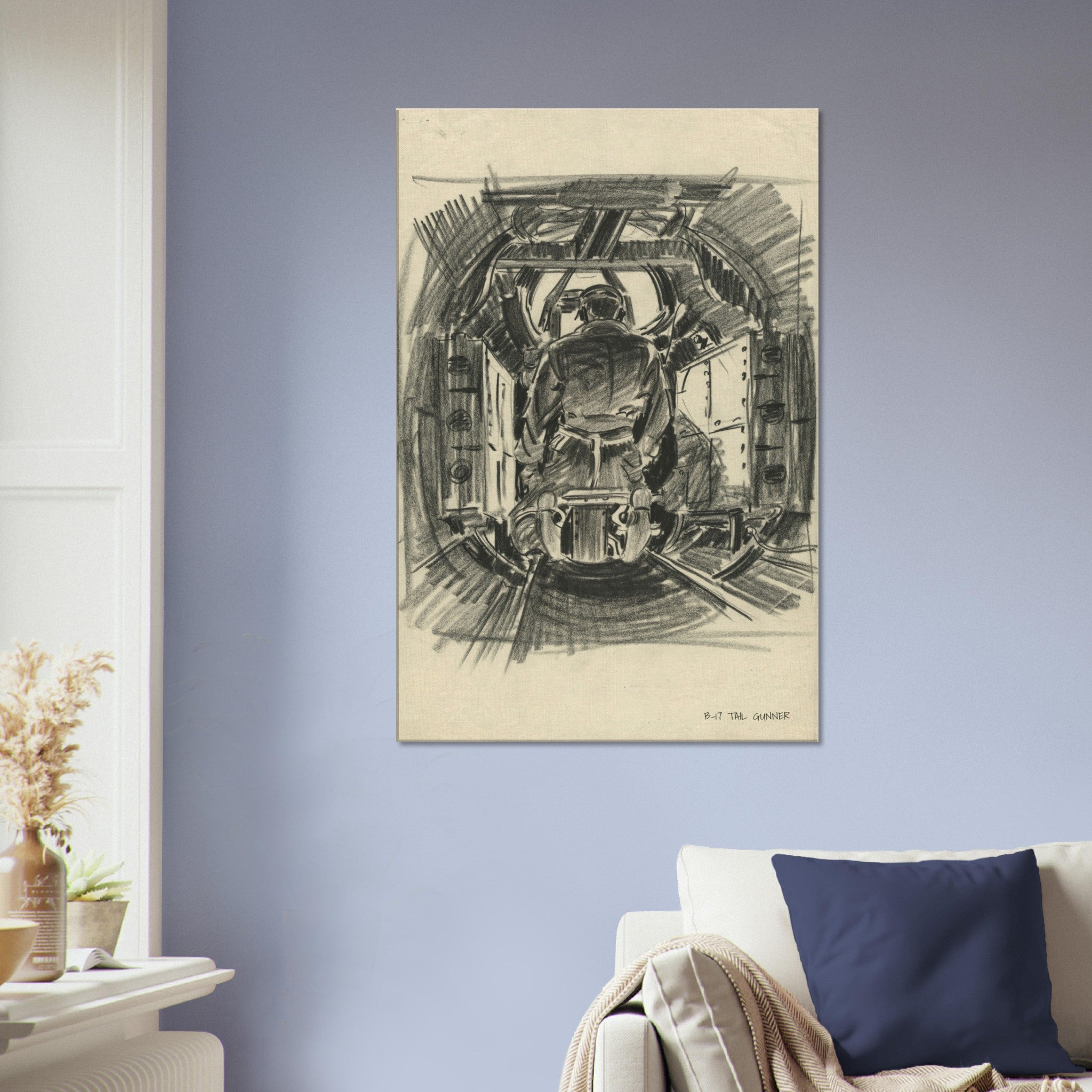 B-17 "Tail Gunner " Reproduction Charcoal Sketch On Canvas - I Love a Hangar