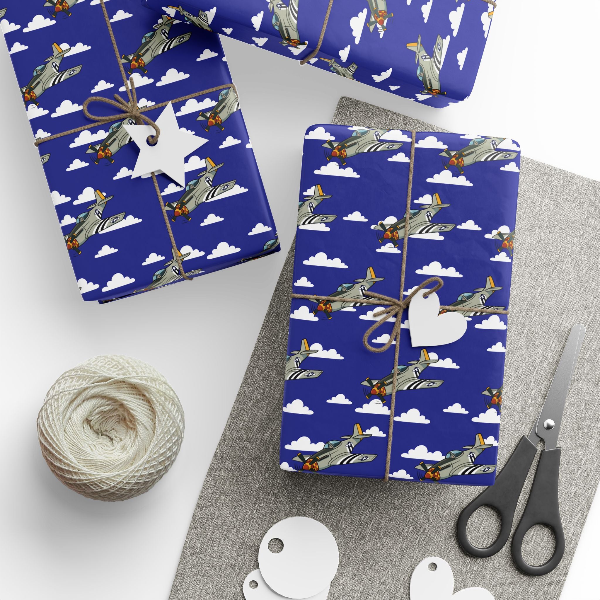 P-51 Mustang (Bare Metal) Wrapping Paper - Blue - I Love a Hangar