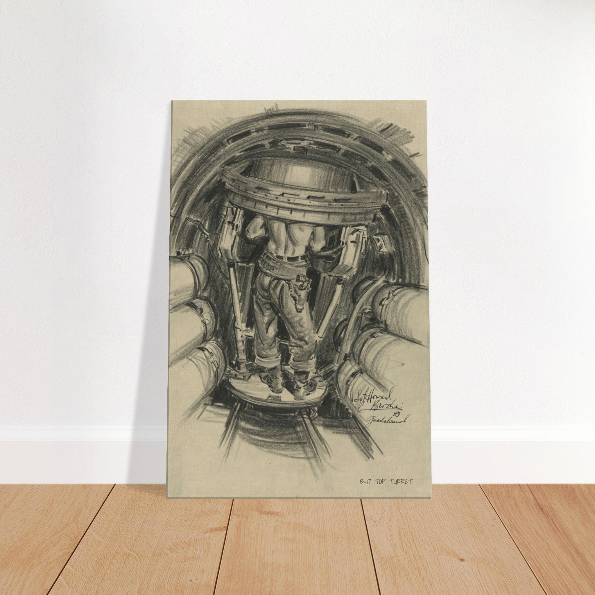 B-17 "Top Turret " Reproduction Charcoal Sketch On Canvas - I Love a Hangar