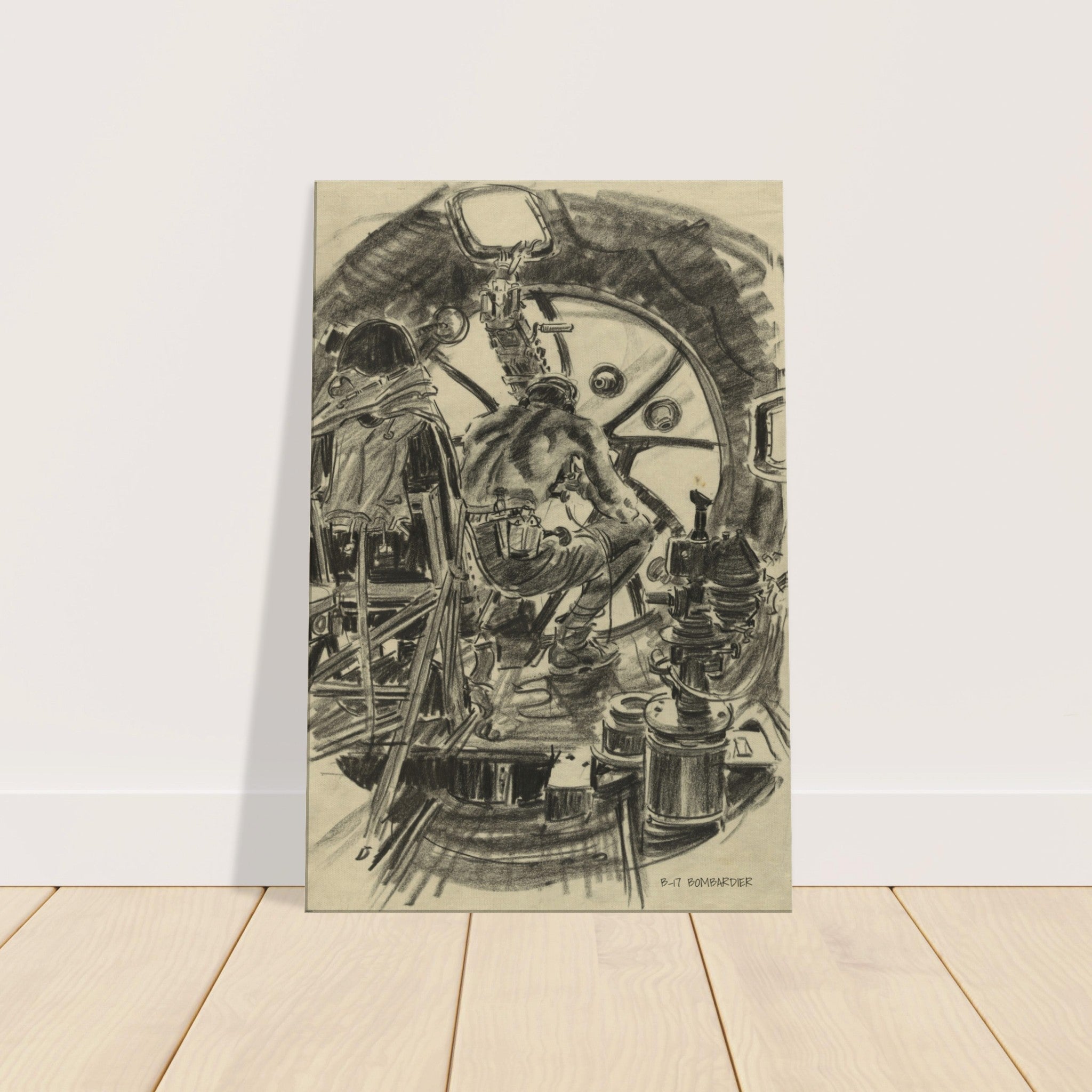 B-17 "Bombardier " Reproduction Charcoal Sketch On Canvas - I Love a Hangar