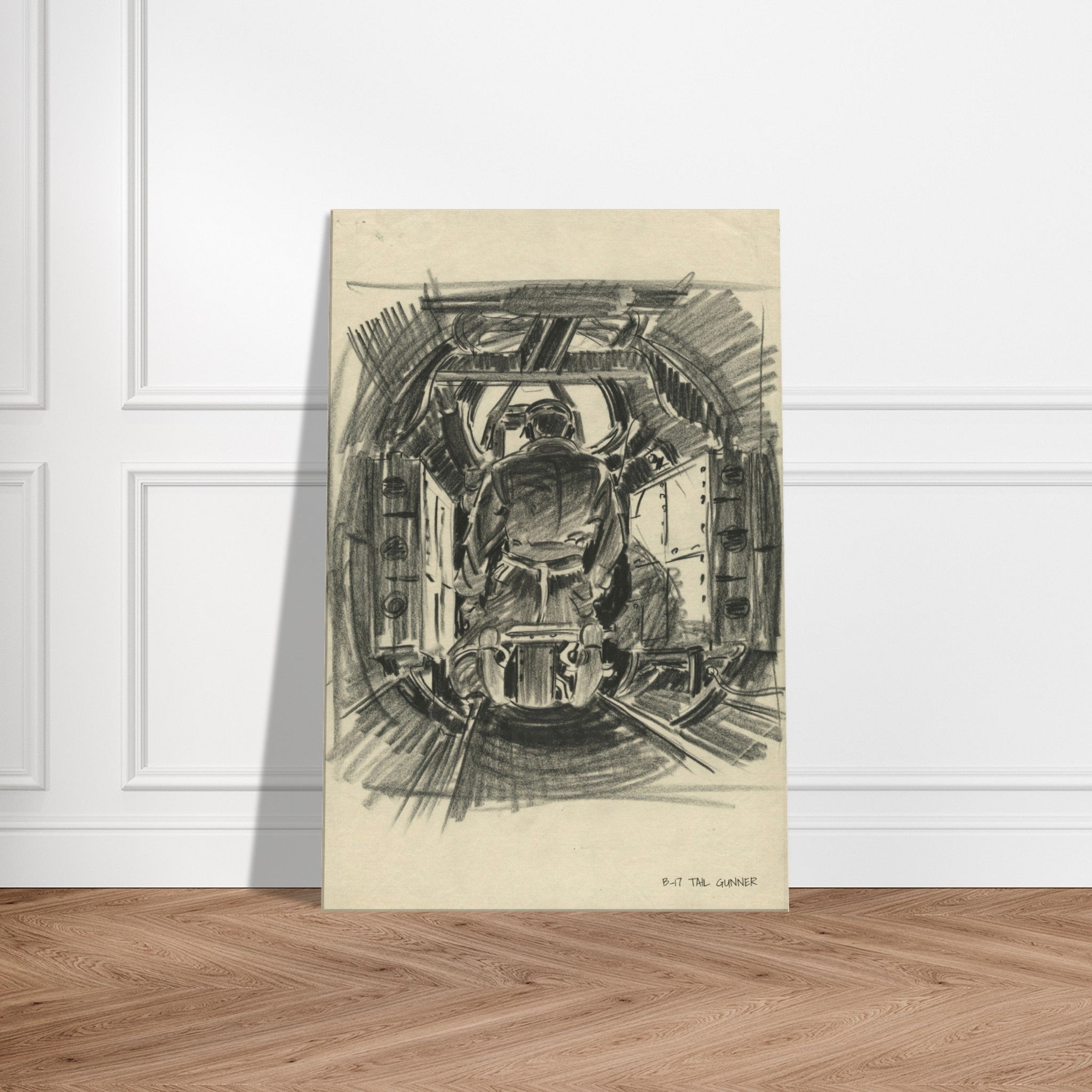B-17 "Tail Gunner " Reproduction Charcoal Sketch On Canvas - I Love a Hangar