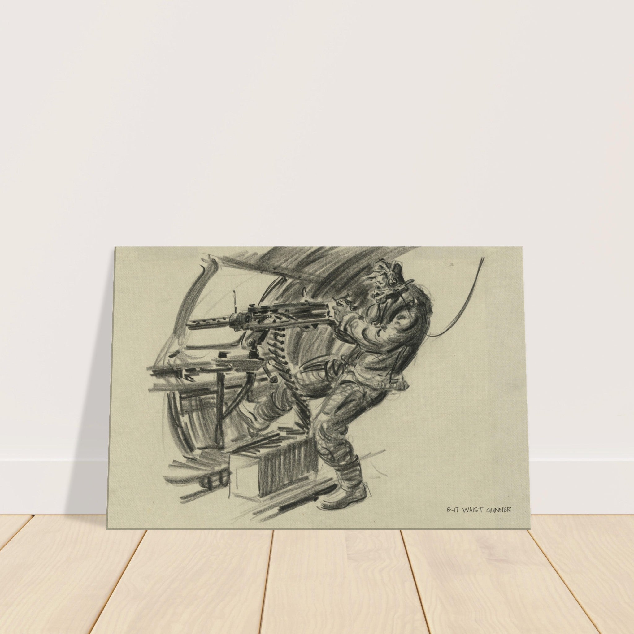 B-17 "Waist Gunner" Reproduction Charcoal Sketch On Canvas - I Love a Hangar