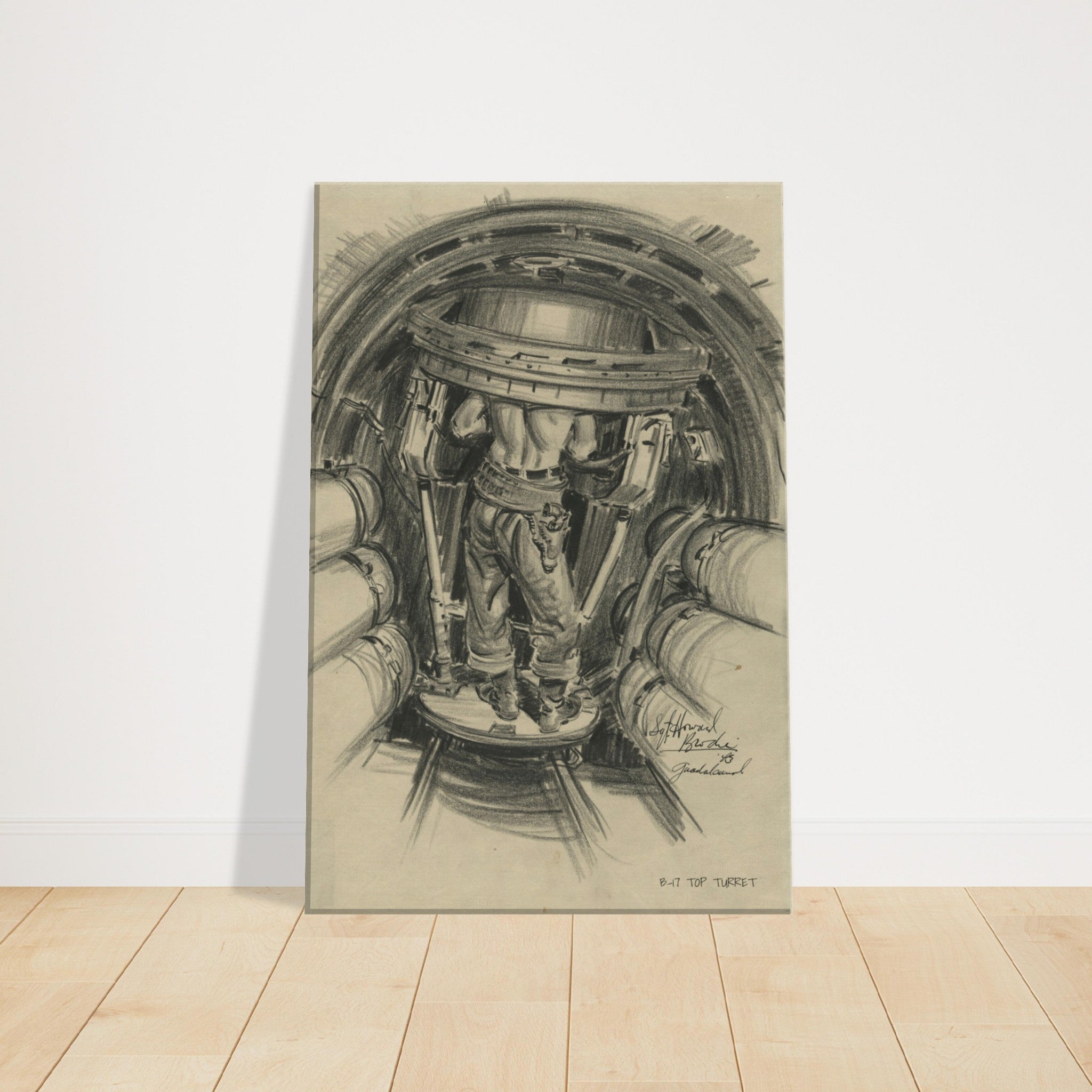 B-17 "Top Turret " Reproduction Charcoal Sketch On Canvas - I Love a Hangar
