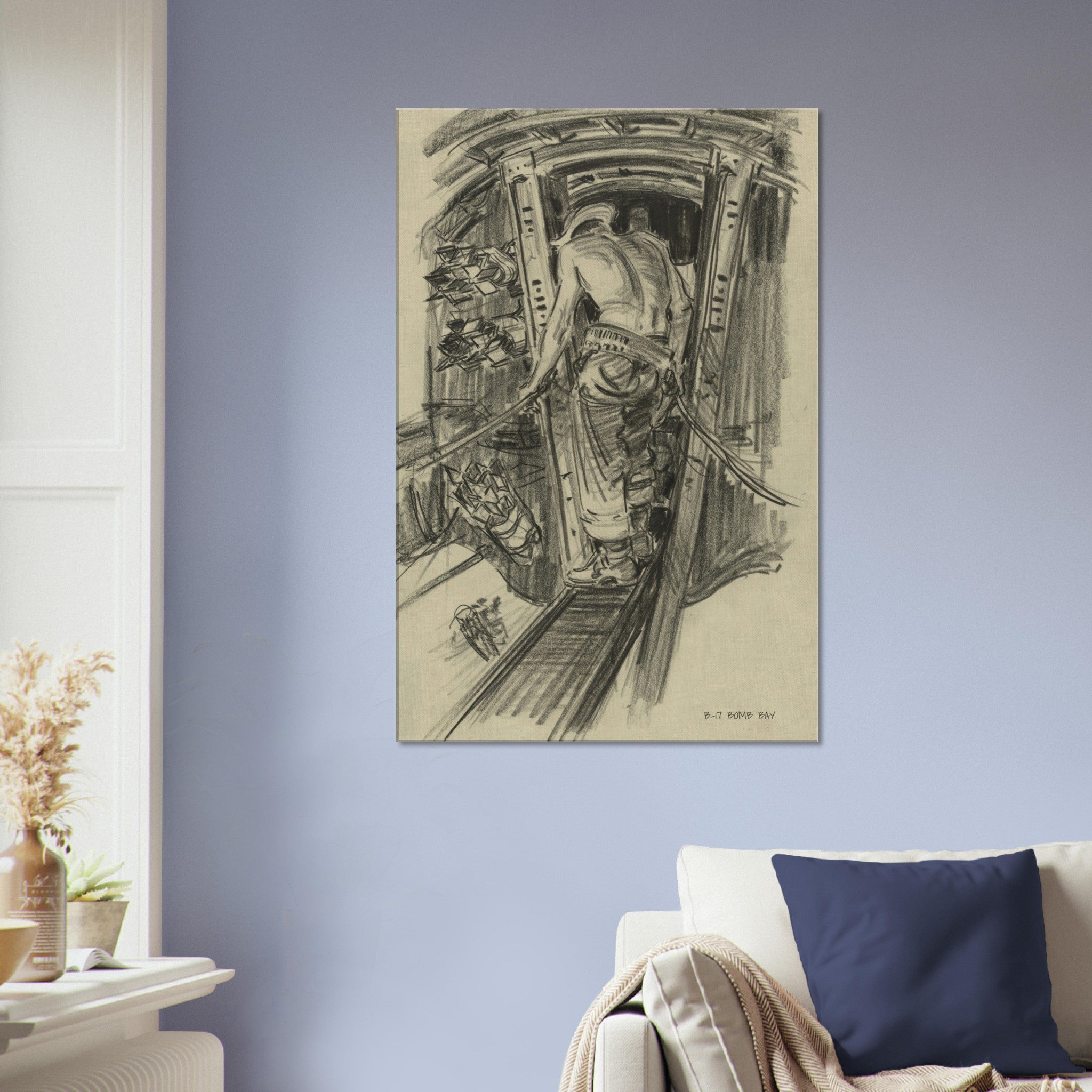 B-17 "Bomb Bay" Reproduction Charcoal Sketch On Canvas - I Love a Hangar