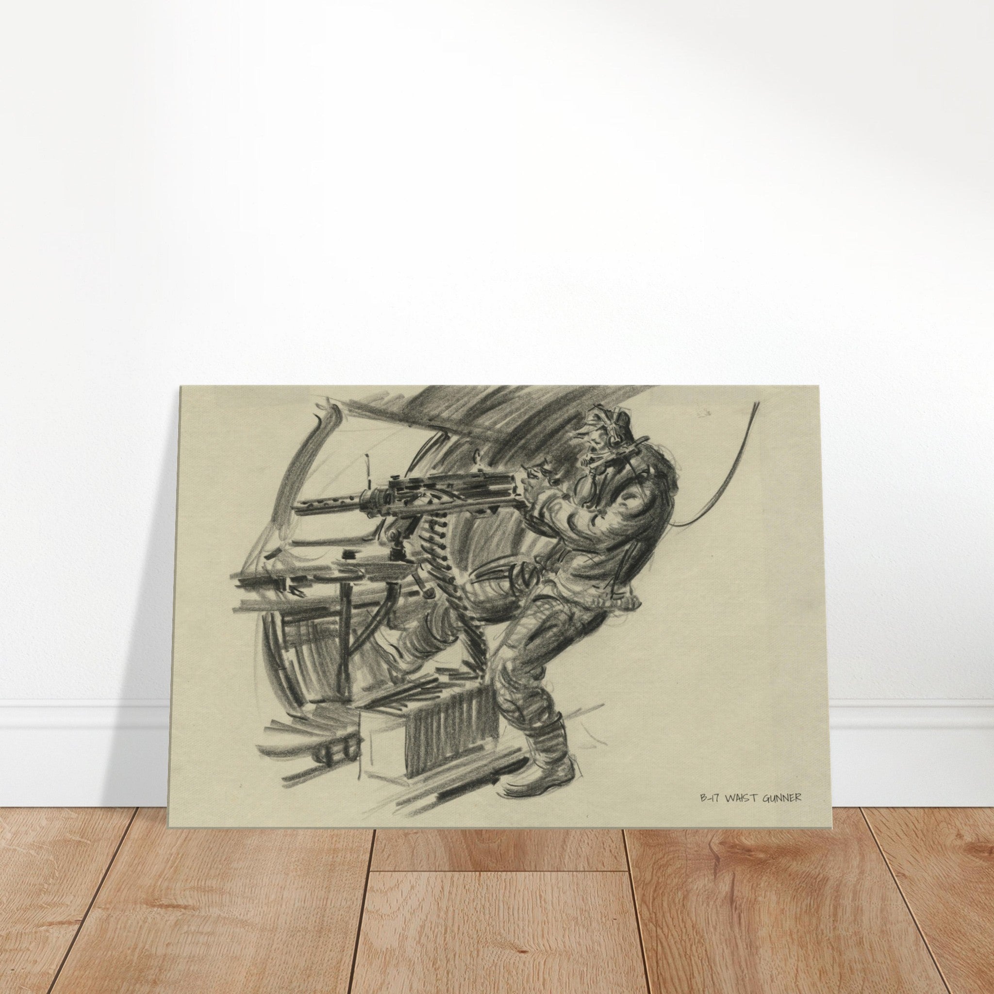 B-17 "Waist Gunner" Reproduction Charcoal Sketch On Canvas - I Love a Hangar