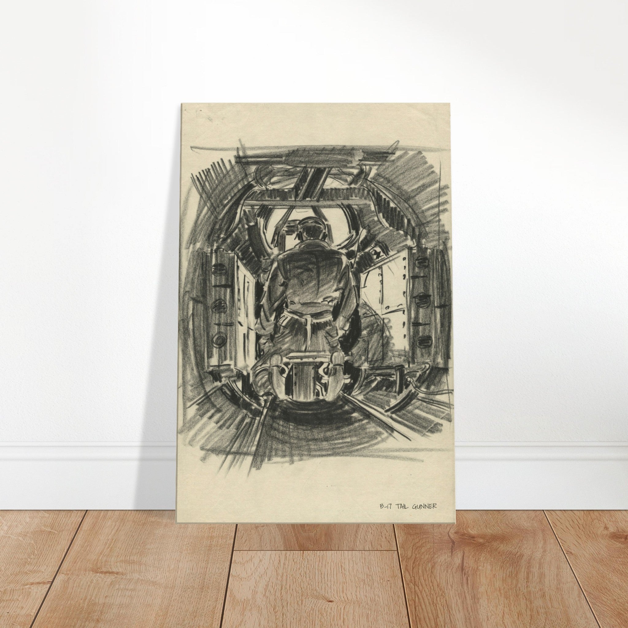 B-17 "Tail Gunner " Reproduction Charcoal Sketch On Canvas - I Love a Hangar
