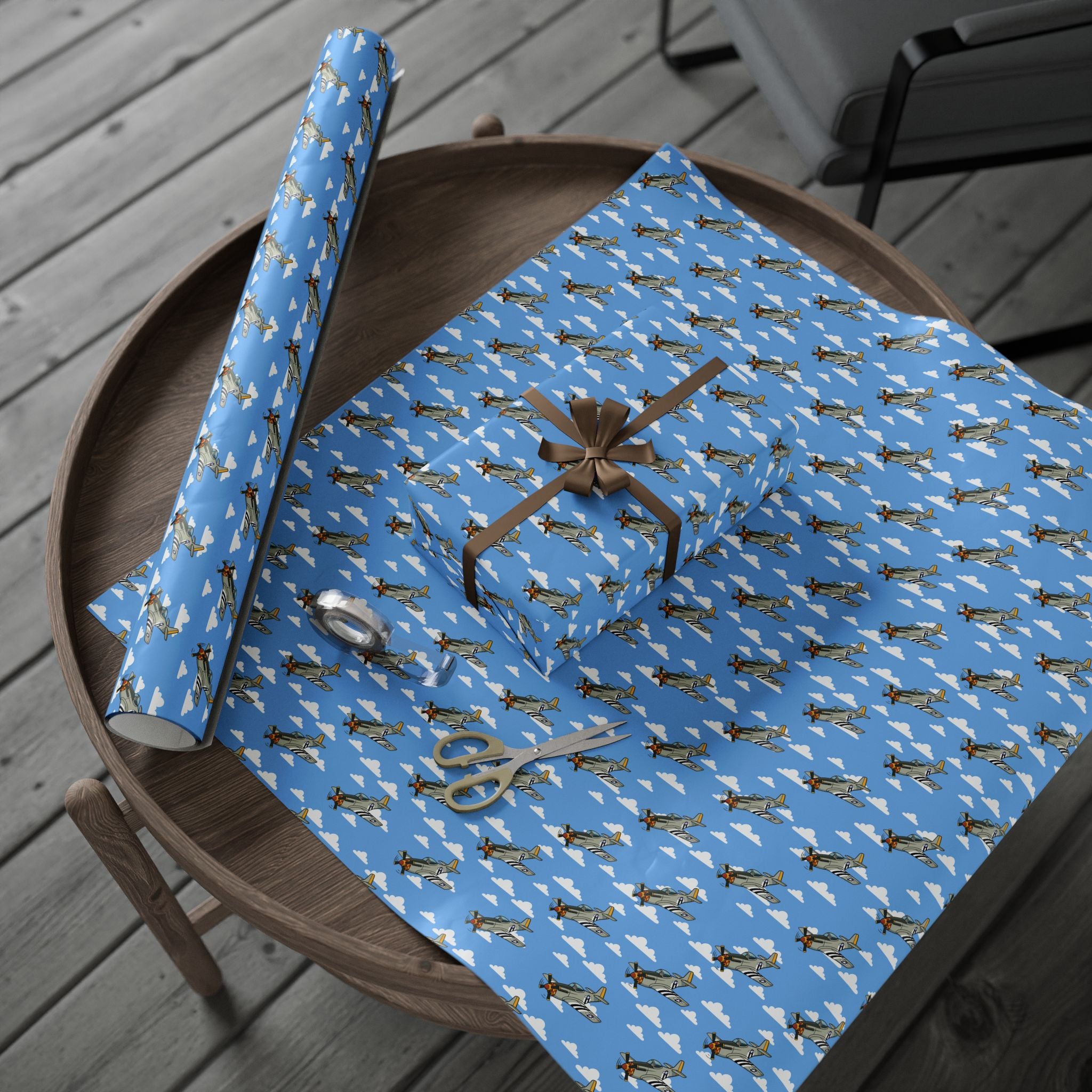 P-51 Mustang (Bare Metal) Wrapping Paper - Light Blue - I Love a Hangar
