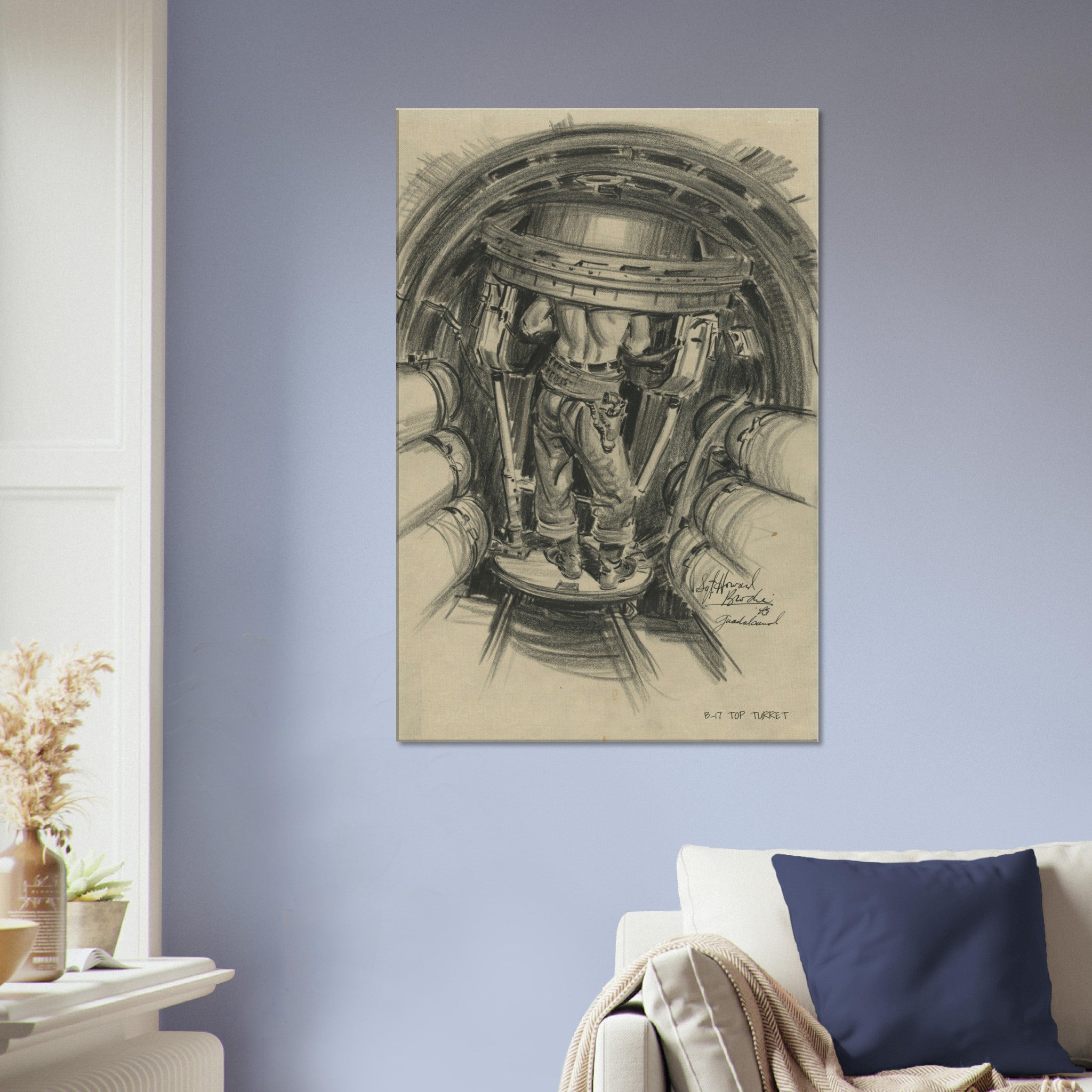 B-17 "Top Turret " Reproduction Charcoal Sketch On Canvas - I Love a Hangar