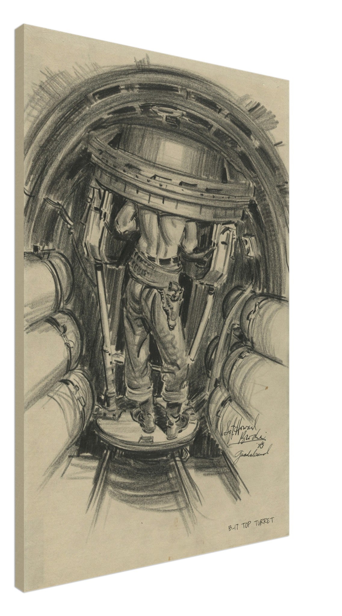B-17 "Top Turret " Reproduction Charcoal Sketch On Canvas - I Love a Hangar