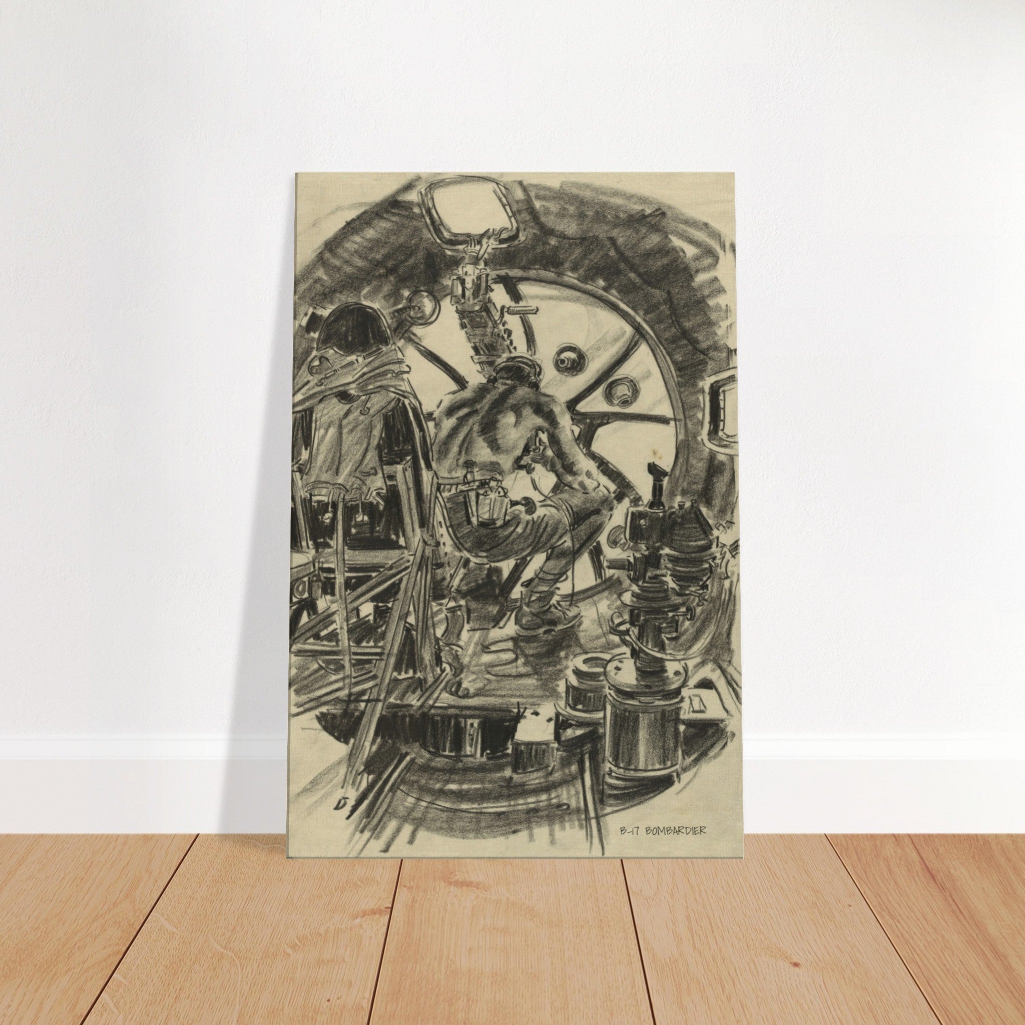 B-17 "Bombardier " Reproduction Charcoal Sketch On Canvas - I Love a Hangar