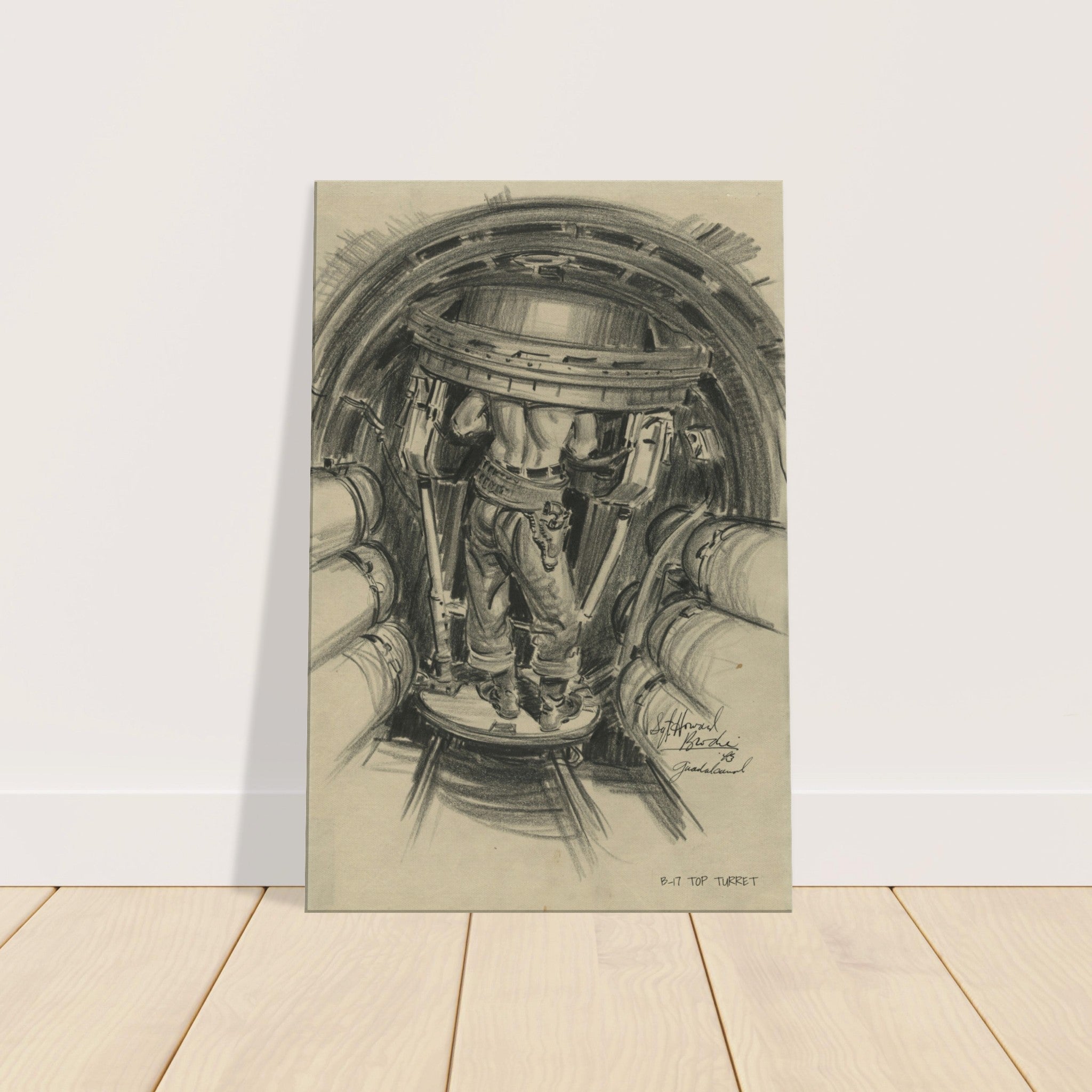 B-17 "Top Turret " Reproduction Charcoal Sketch On Canvas - I Love a Hangar