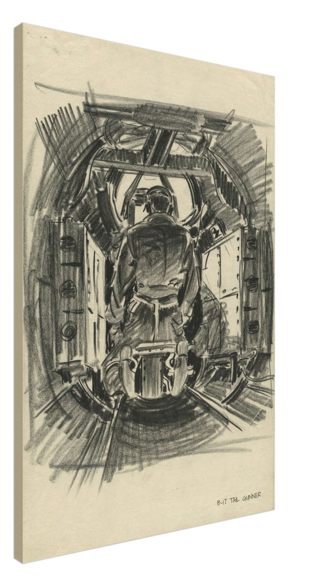 B-17 "Tail Gunner " Reproduction Charcoal Sketch On Canvas - I Love a Hangar