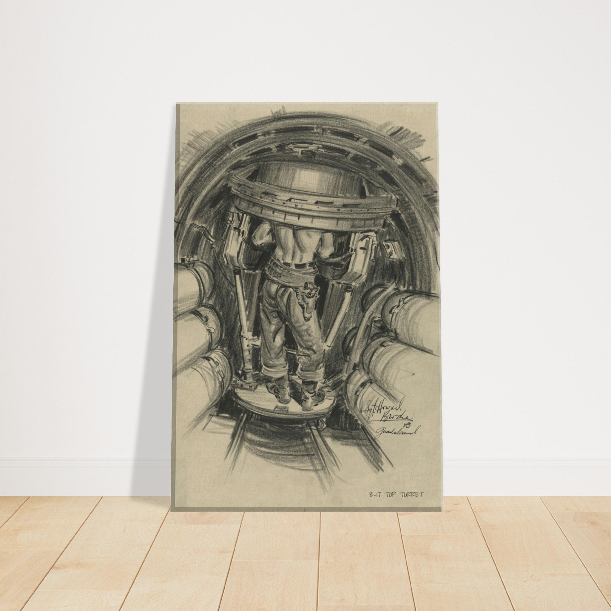 B-17 "Top Turret " Reproduction Charcoal Sketch On Canvas - I Love a Hangar