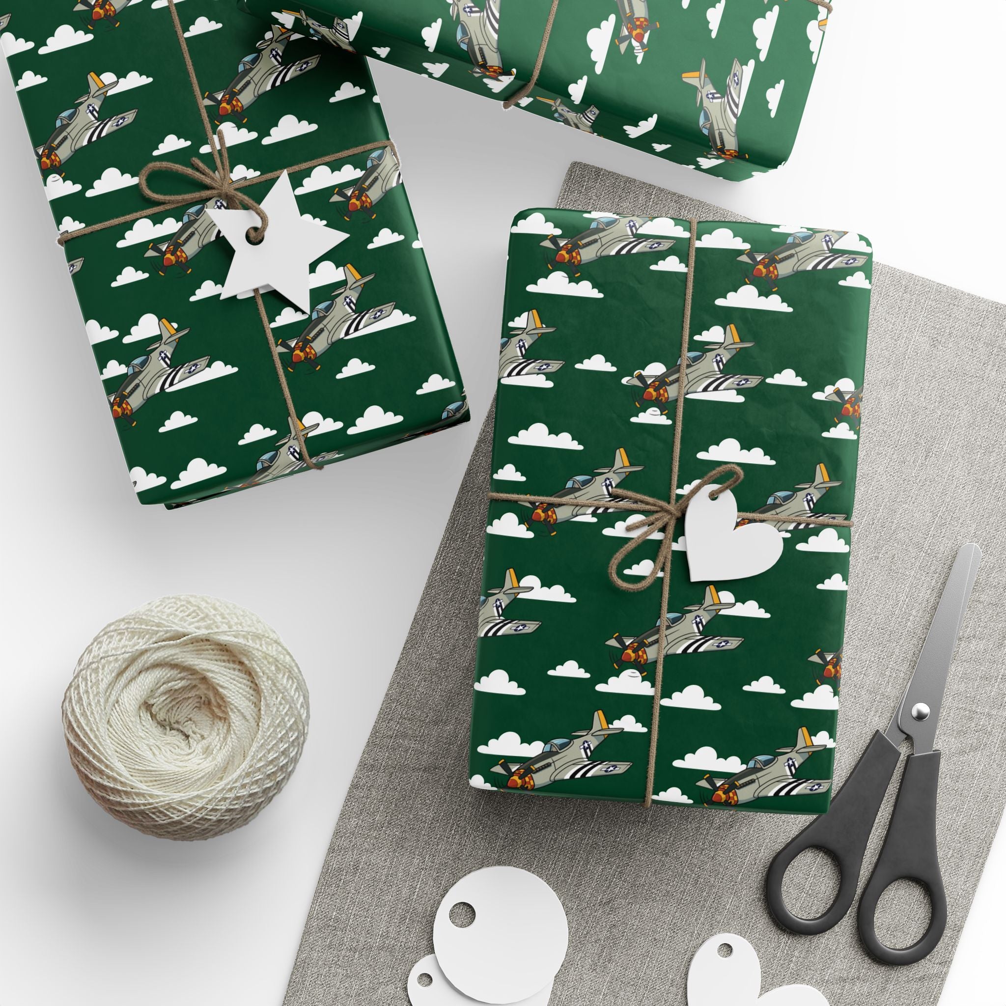 P-51 Mustang (Bare Metal) Wrapping Paper - Green - I Love a Hangar