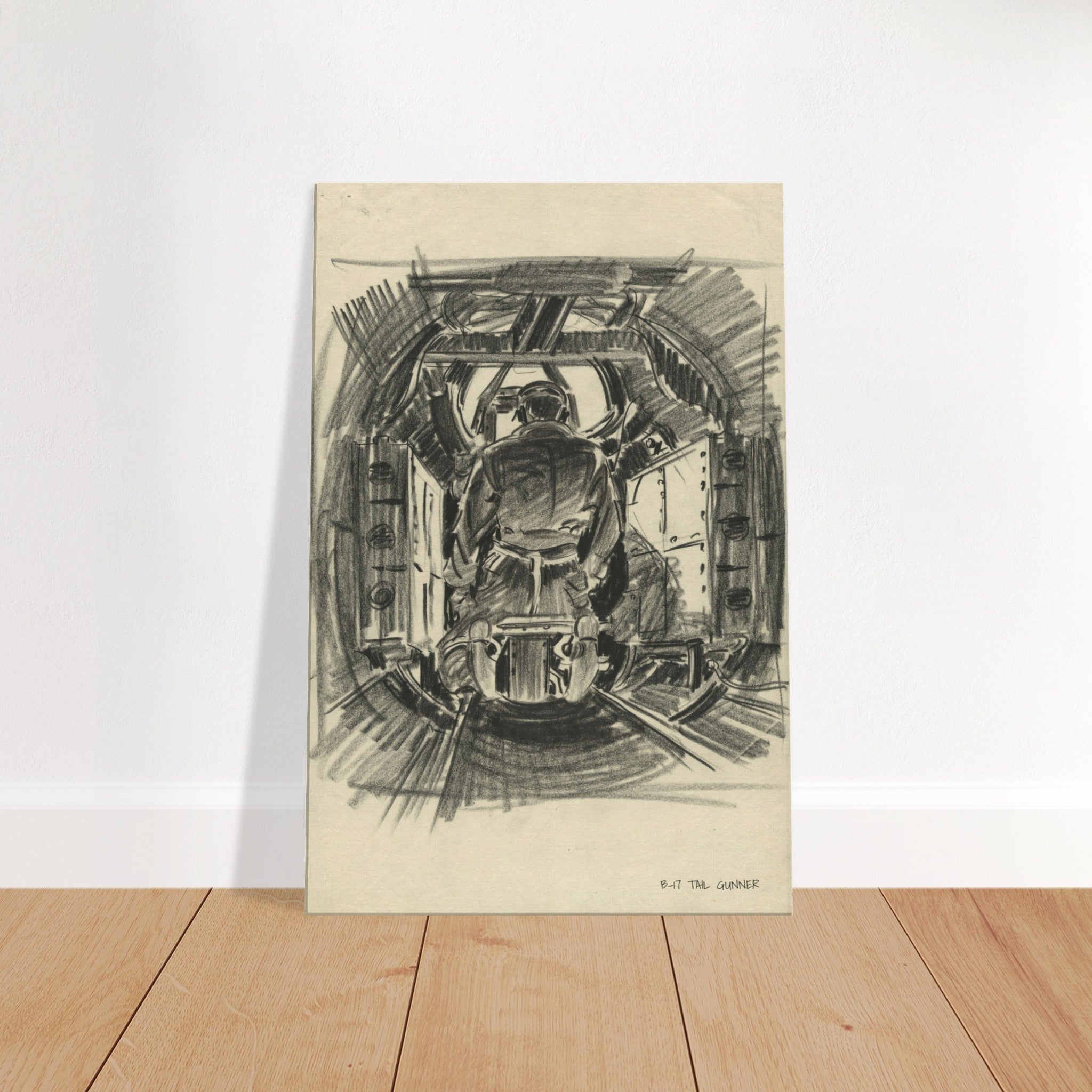 B-17 "Tail Gunner " Reproduction Charcoal Sketch On Canvas - I Love a Hangar