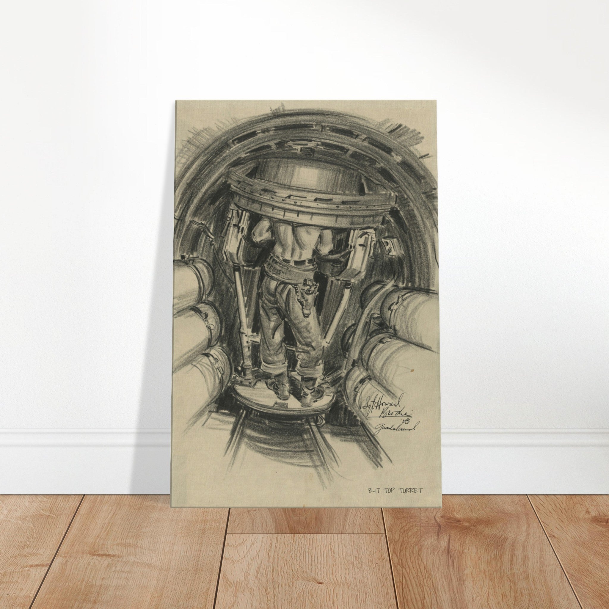 B-17 "Top Turret " Reproduction Charcoal Sketch On Canvas - I Love a Hangar