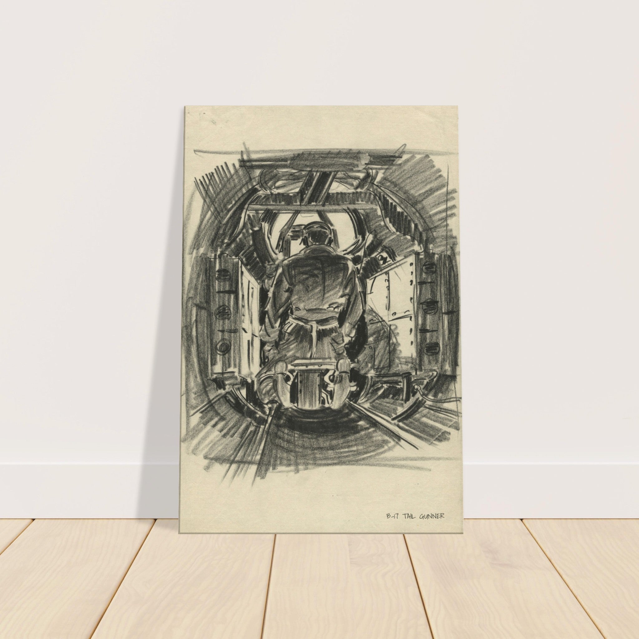 B-17 "Tail Gunner " Reproduction Charcoal Sketch On Canvas - I Love a Hangar