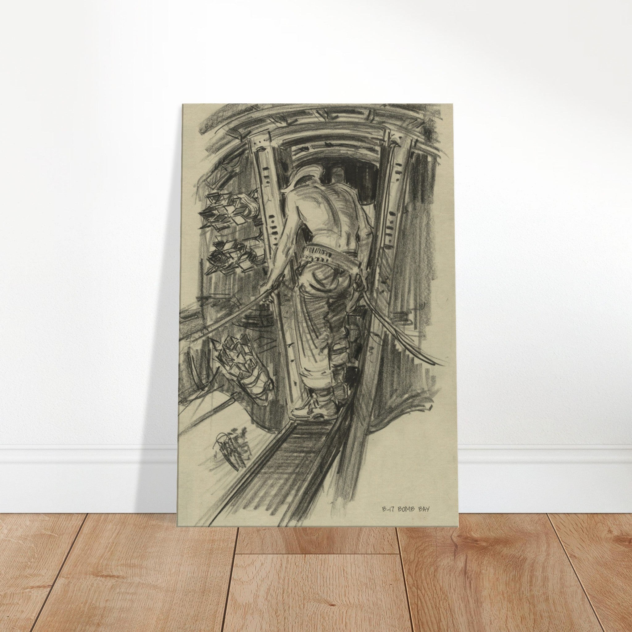 B-17 "Bomb Bay" Reproduction Charcoal Sketch On Canvas - I Love a Hangar