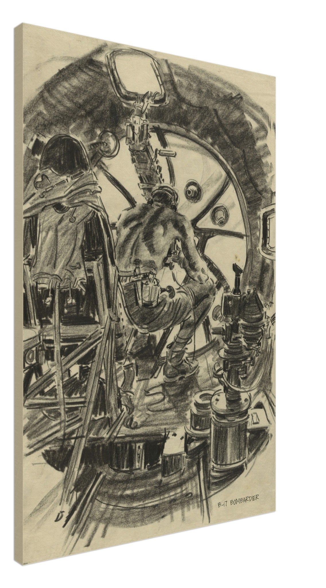 B-17 "Bombardier " Reproduction Charcoal Sketch On Canvas - I Love a Hangar