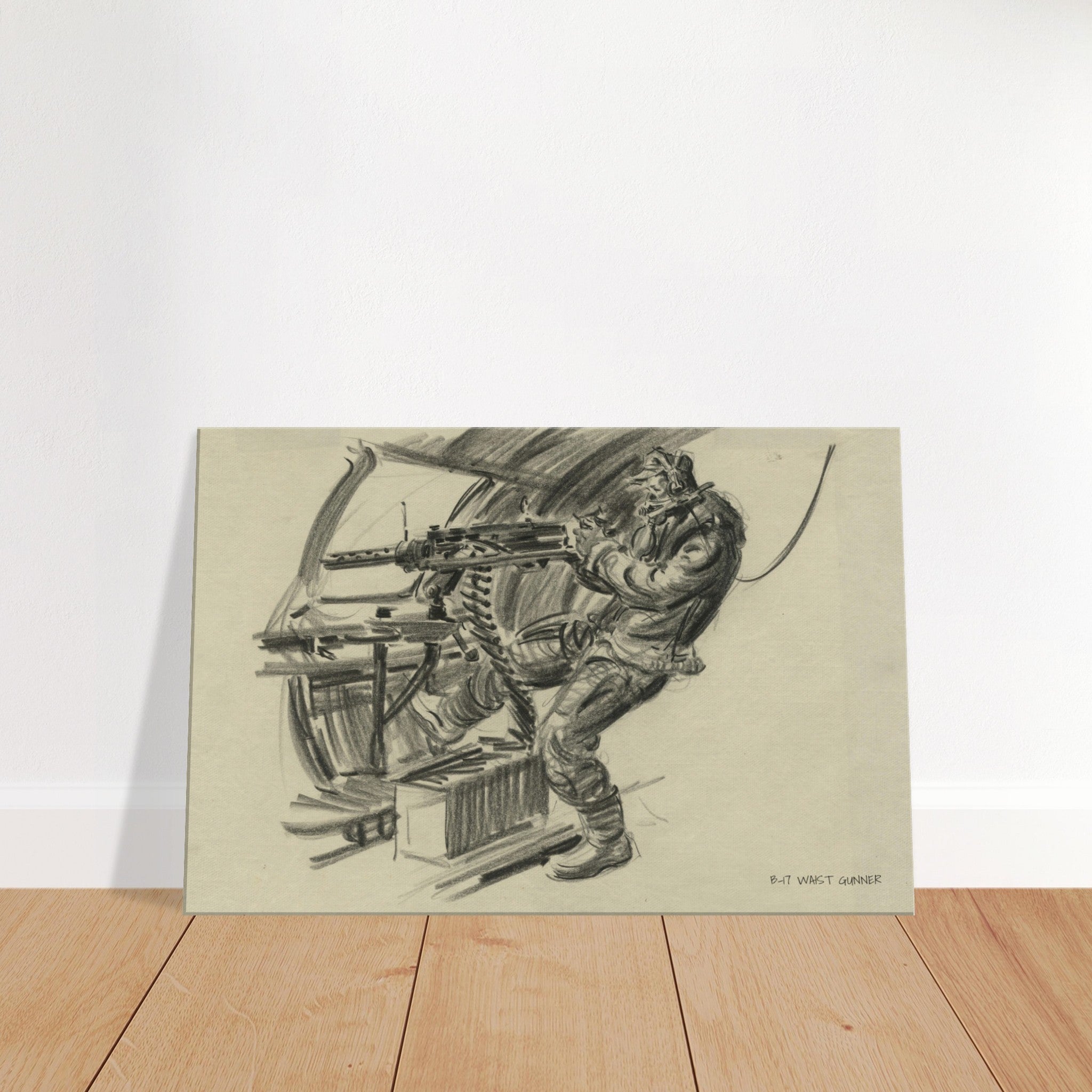 B-17 "Waist Gunner" Reproduction Charcoal Sketch On Canvas - I Love a Hangar