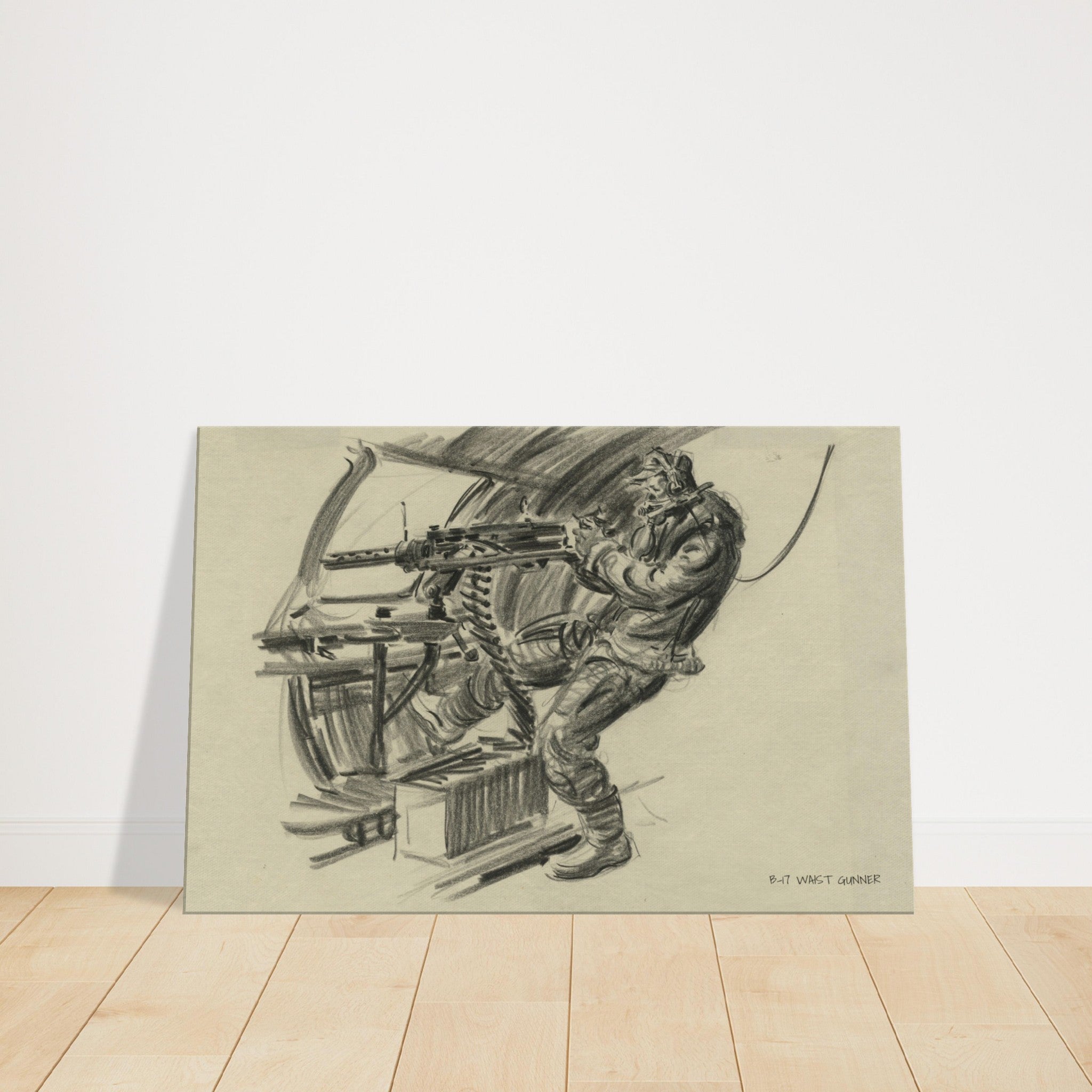 B-17 "Waist Gunner" Reproduction Charcoal Sketch On Canvas - I Love a Hangar
