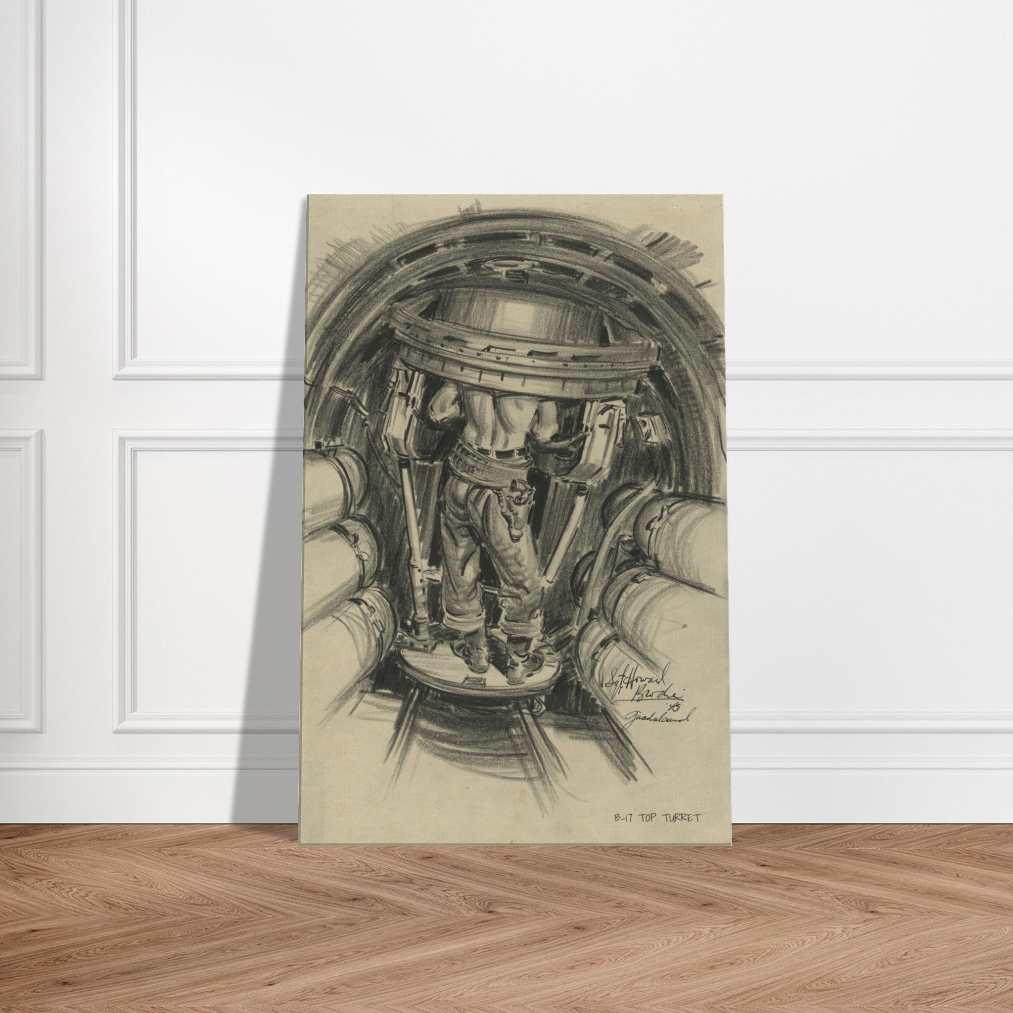 B-17 "Top Turret " Reproduction Charcoal Sketch On Canvas - I Love a Hangar
