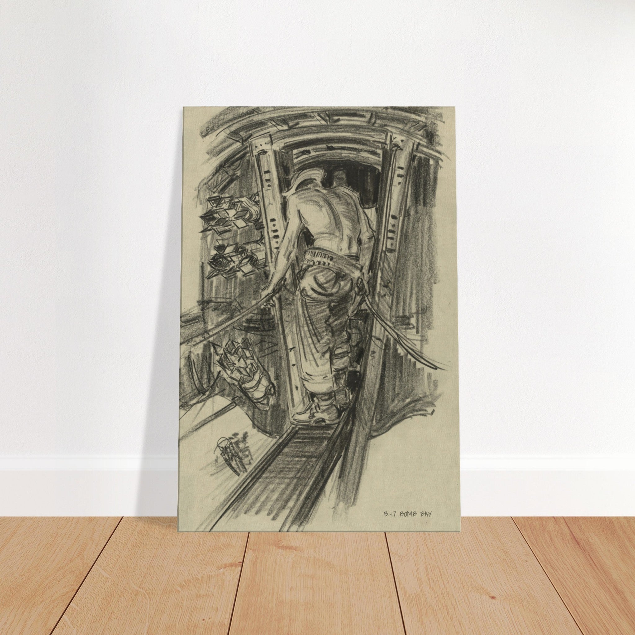 B-17 "Bomb Bay" Reproduction Charcoal Sketch On Canvas - I Love a Hangar