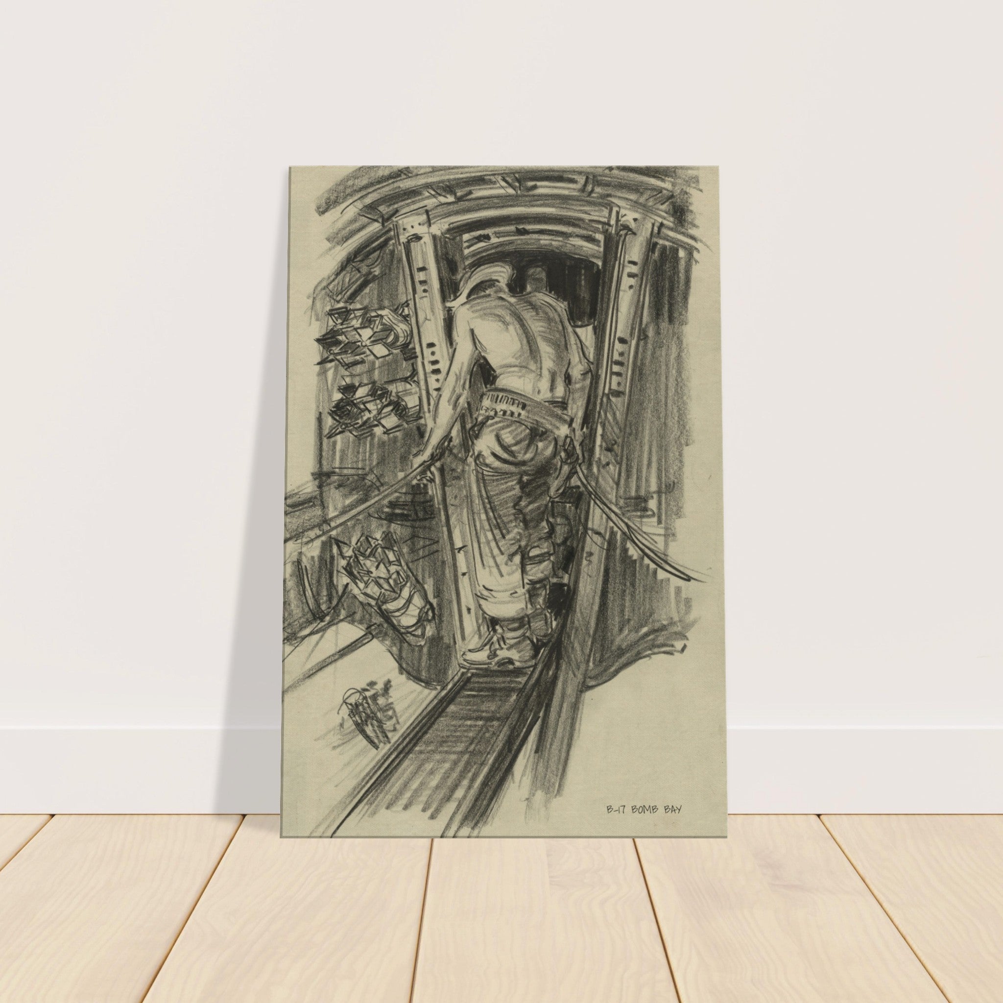 B-17 "Bomb Bay" Reproduction Charcoal Sketch On Canvas - I Love a Hangar