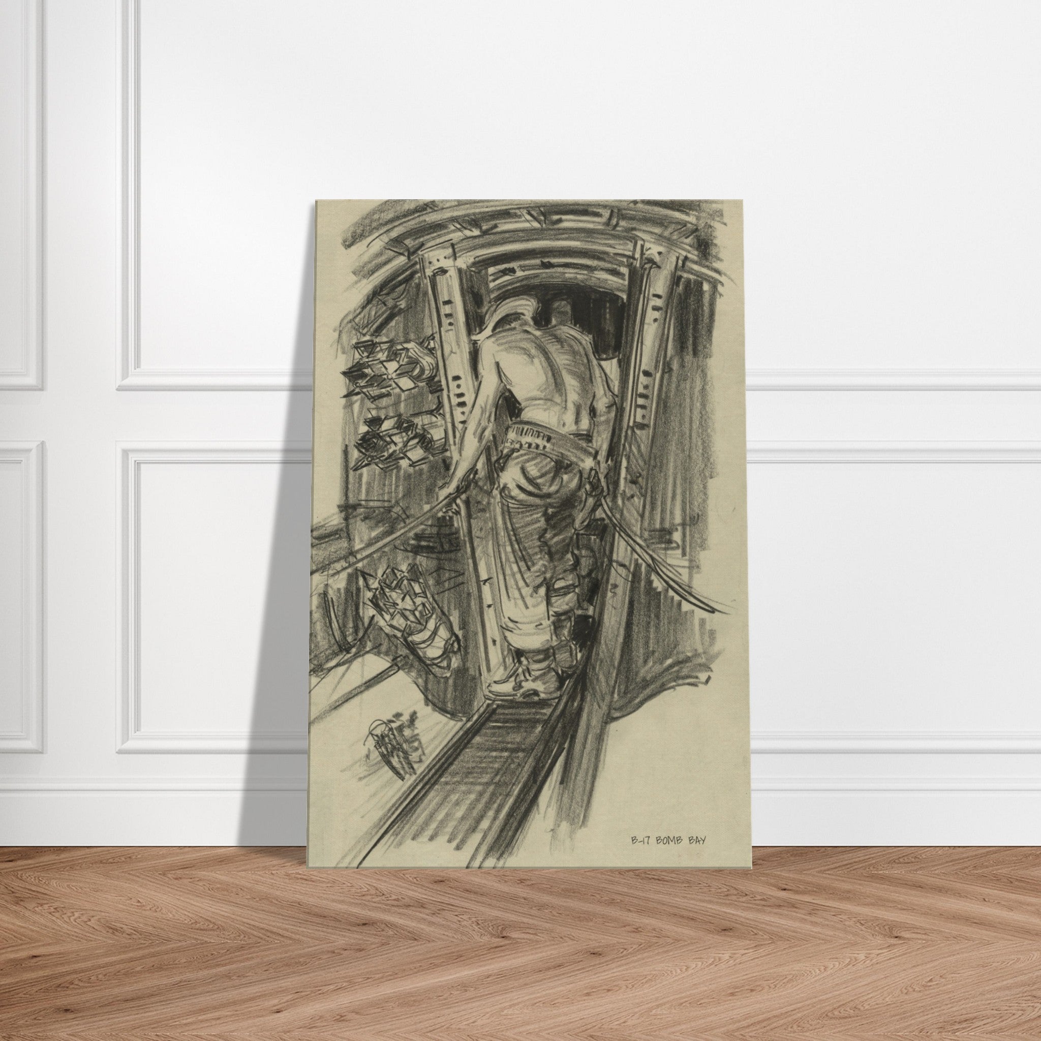B-17 "Bomb Bay" Reproduction Charcoal Sketch On Canvas - I Love a Hangar