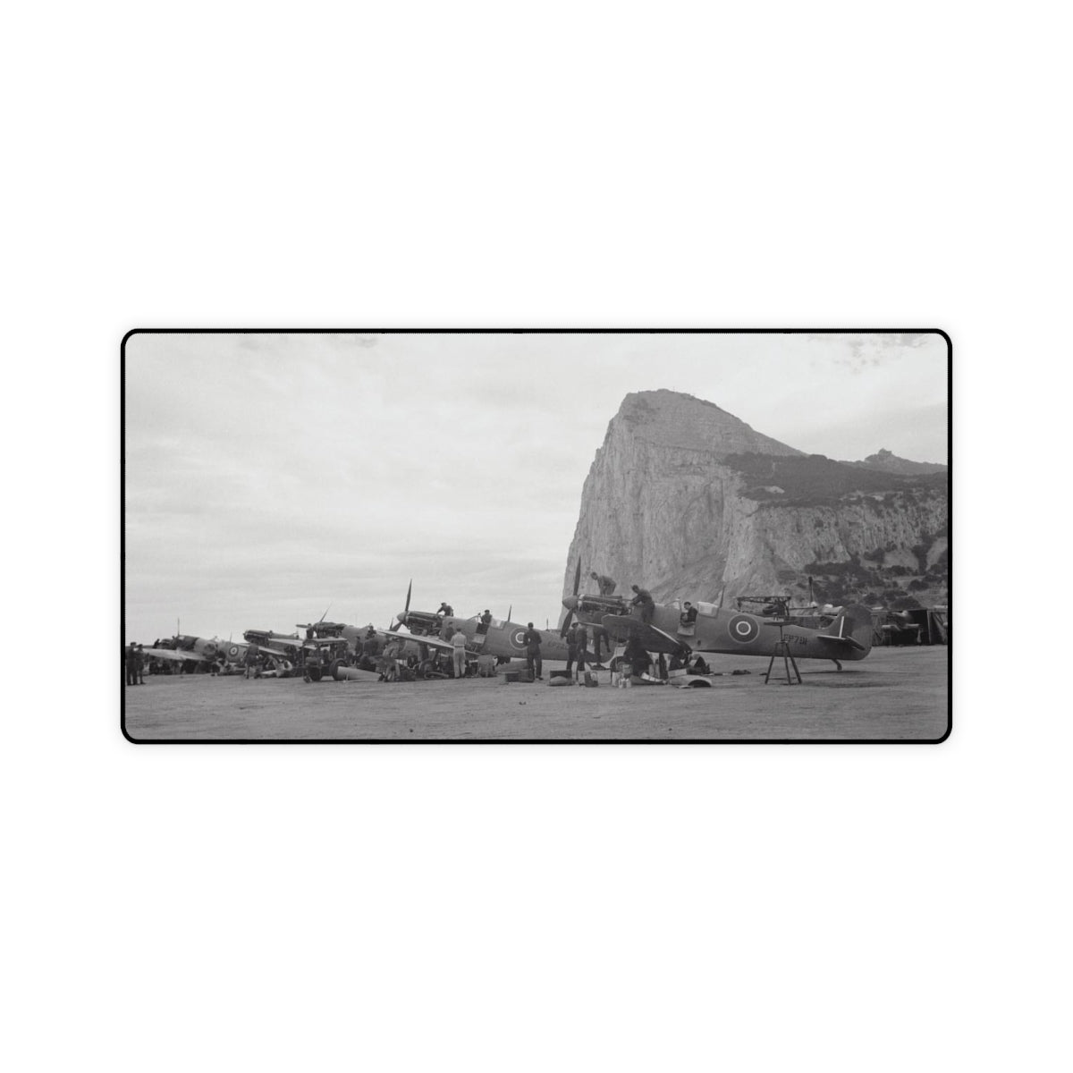 Spitfire (& Hurricanes) at North Front, Gibraltar Desk Mat - I Love a Hangar