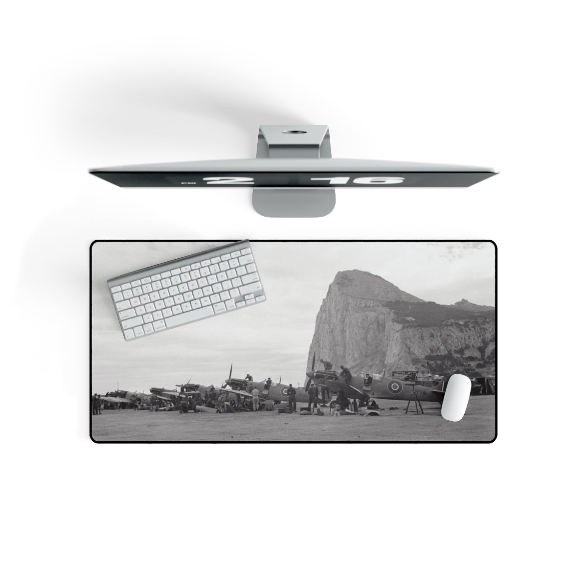 Spitfire (& Hurricanes) at North Front, Gibraltar Desk Mat - I Love a Hangar