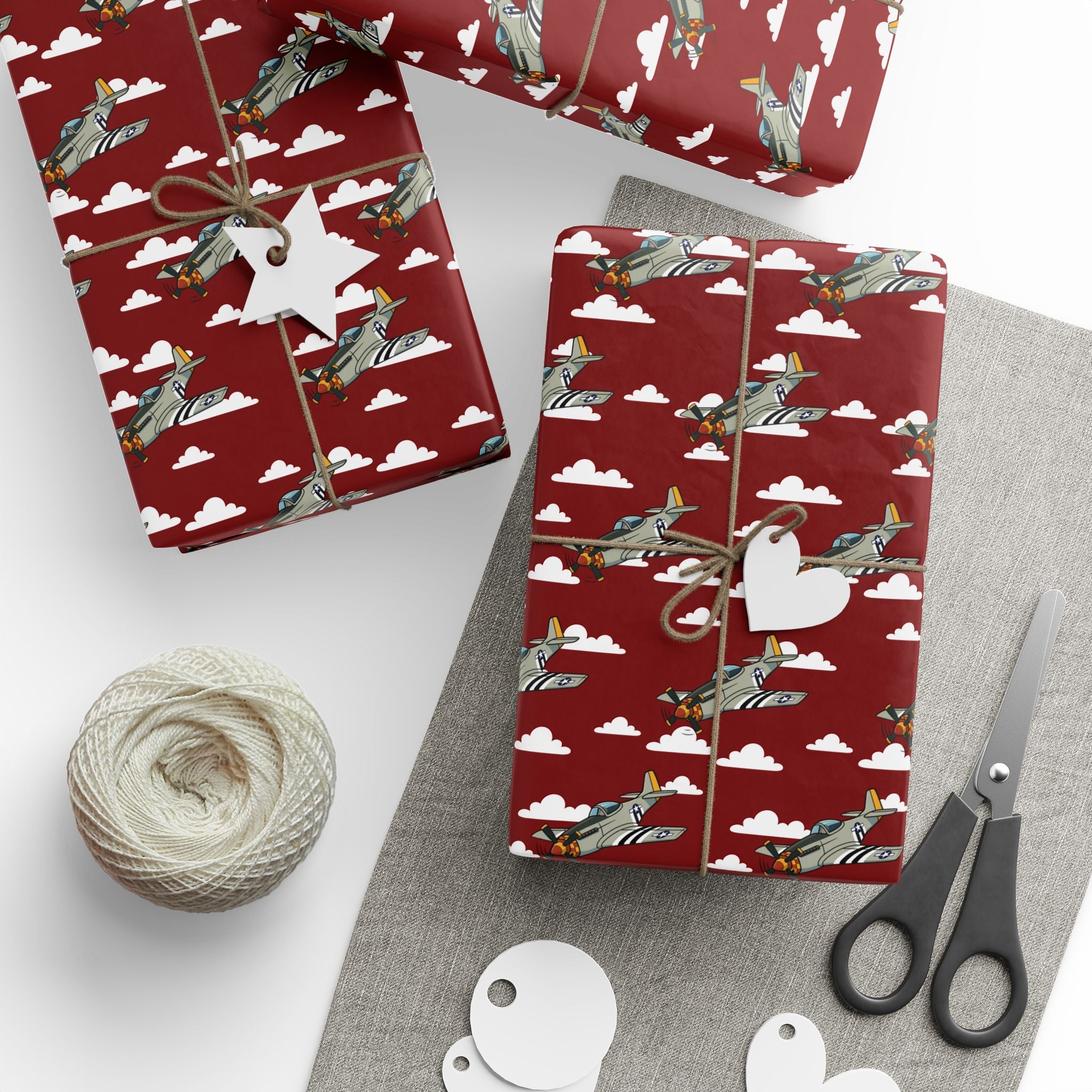 P-51 Mustang (Bare Metal) Wrapping Paper - Maroon - I Love a Hangar