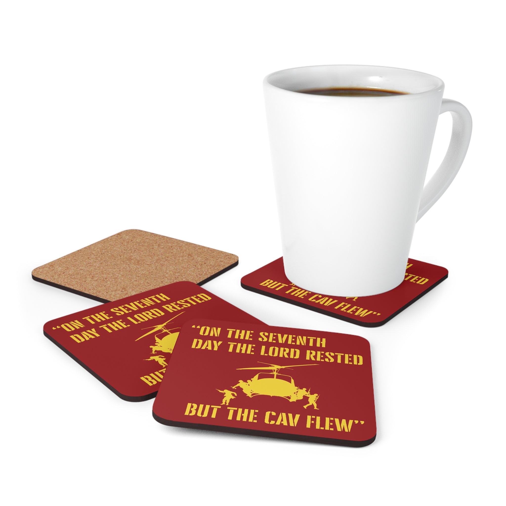 "On the 7th Day The Lord Rested, But The Cav Flew" Corkwood Coaster Set - I Love a Hangar