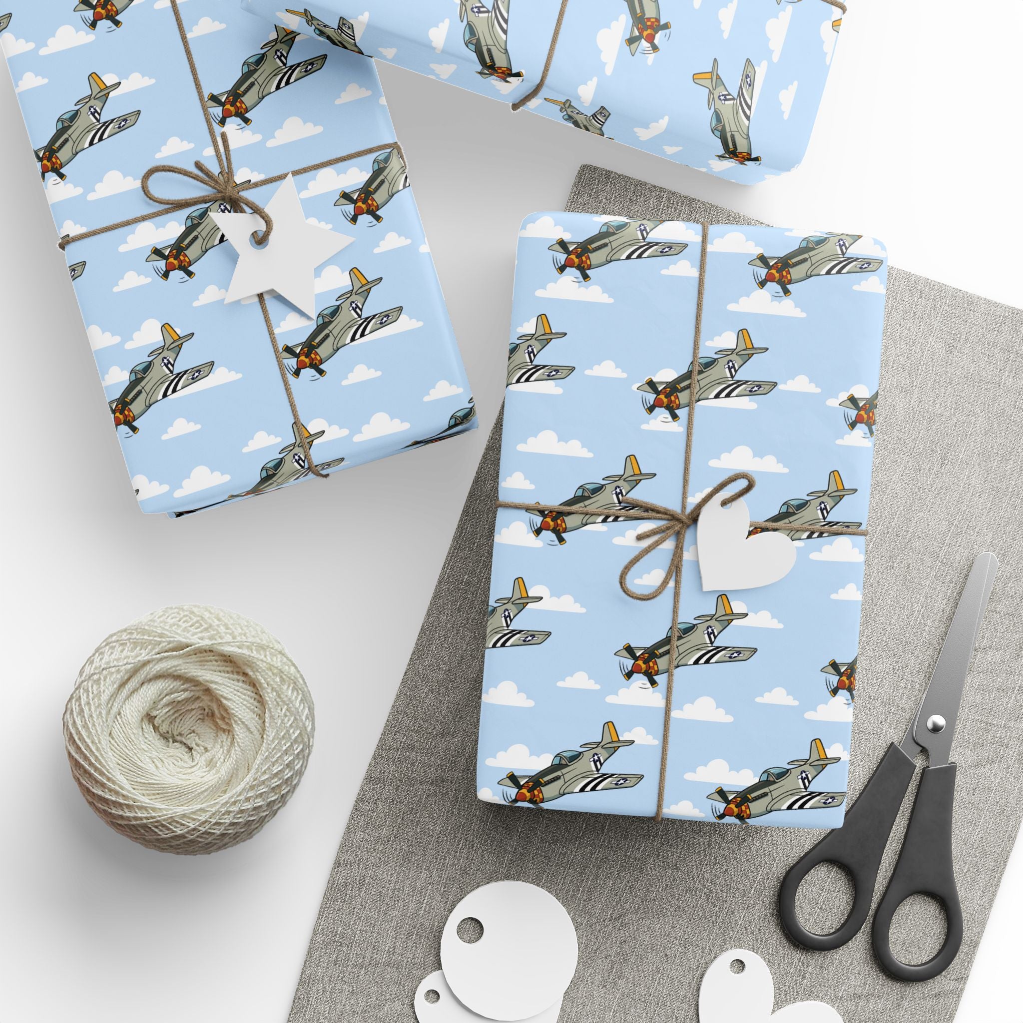 P-51 Mustang (Bare Metal) Wrapping Paper - Sky Blue - I Love a Hangar