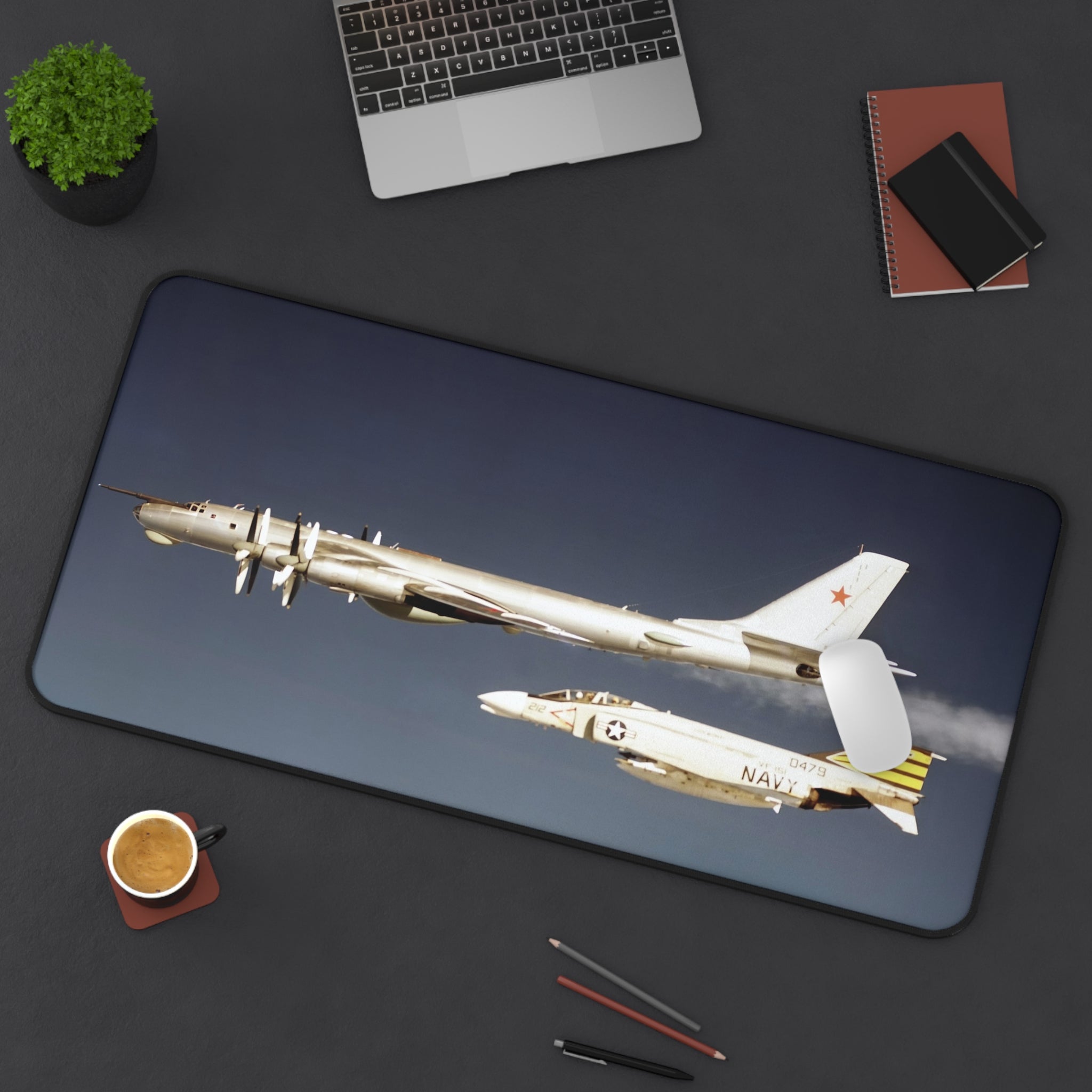 F-4 Phantom Intercepting a Tu-95 Bear Desk Mat - I Love a Hangar