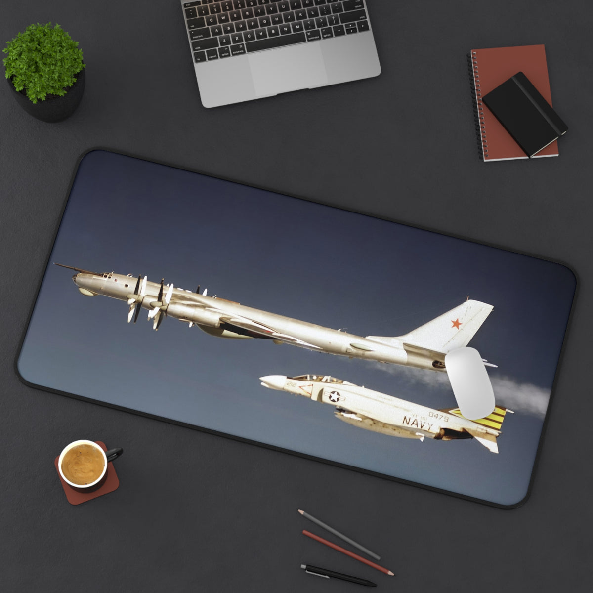 F-4 Phantom Intercepting a Tu-95 Bear Desk Mat - I Love a Hangar