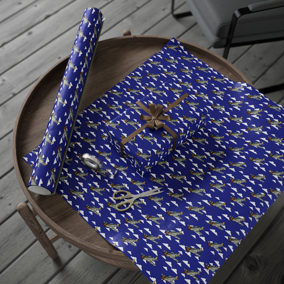 P-51 Mustang (Bare Metal) Wrapping Paper - Blue - I Love a Hangar