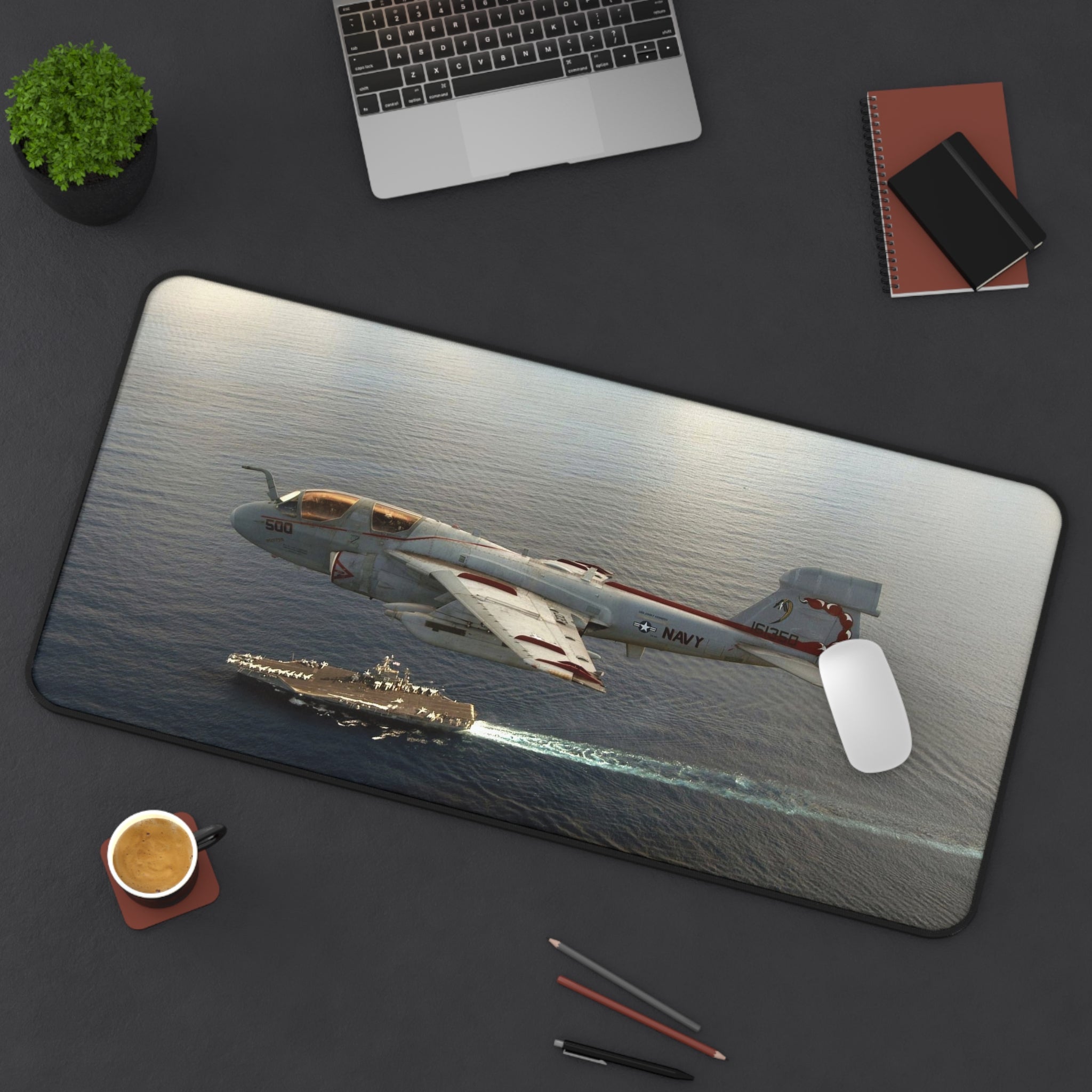 EA-6B Prowler above USS John F. Kennedy Desk Mat - I Love a Hangar