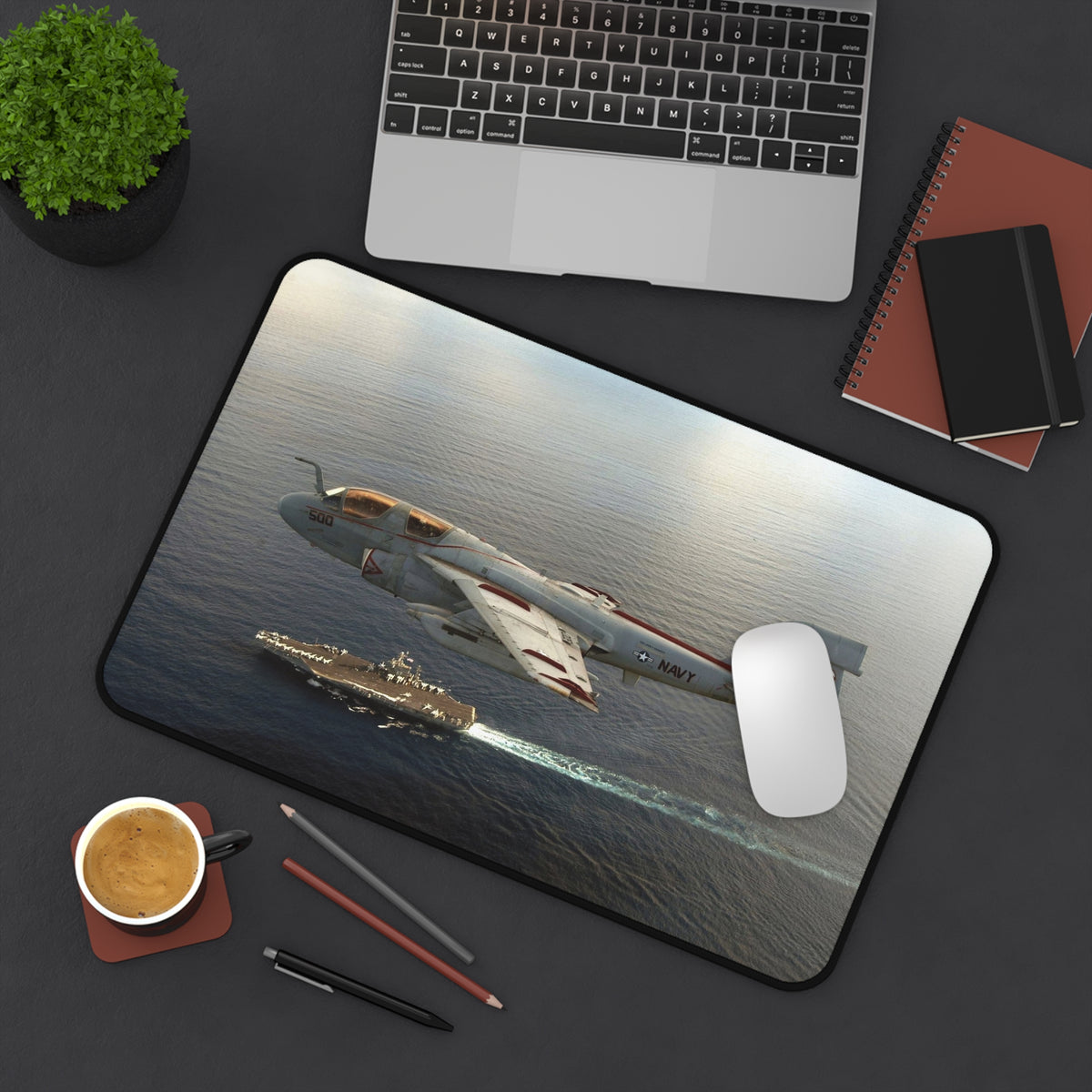 EA-6B Prowler above USS John F. Kennedy Desk Mat - I Love a Hangar
