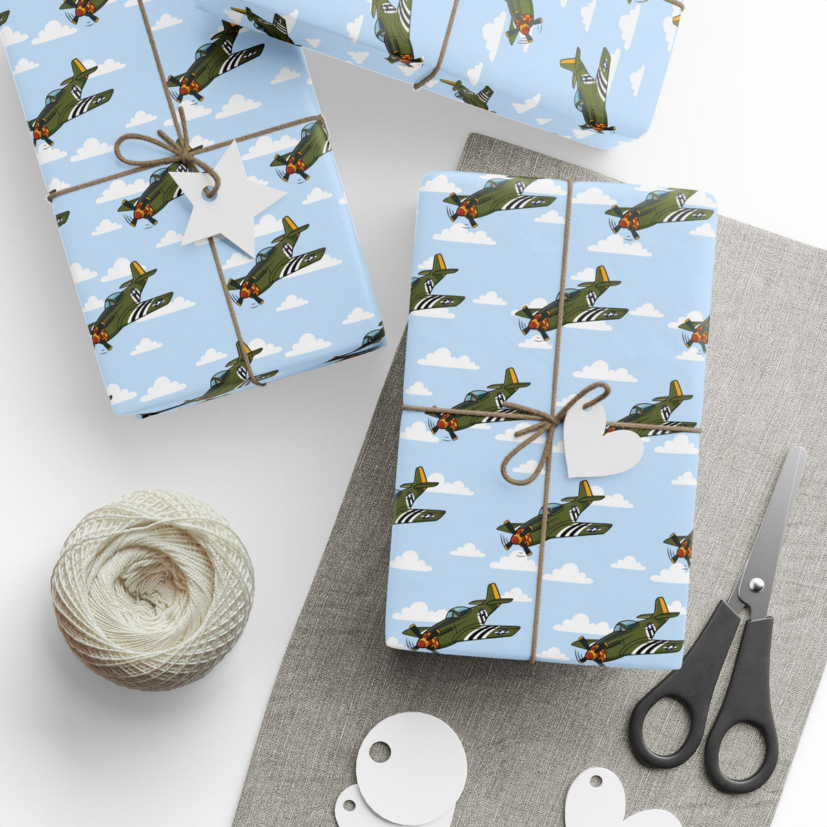 P-51 Mustang (Olive Drab) Wrapping Paper - Sky Blue - I Love a Hangar