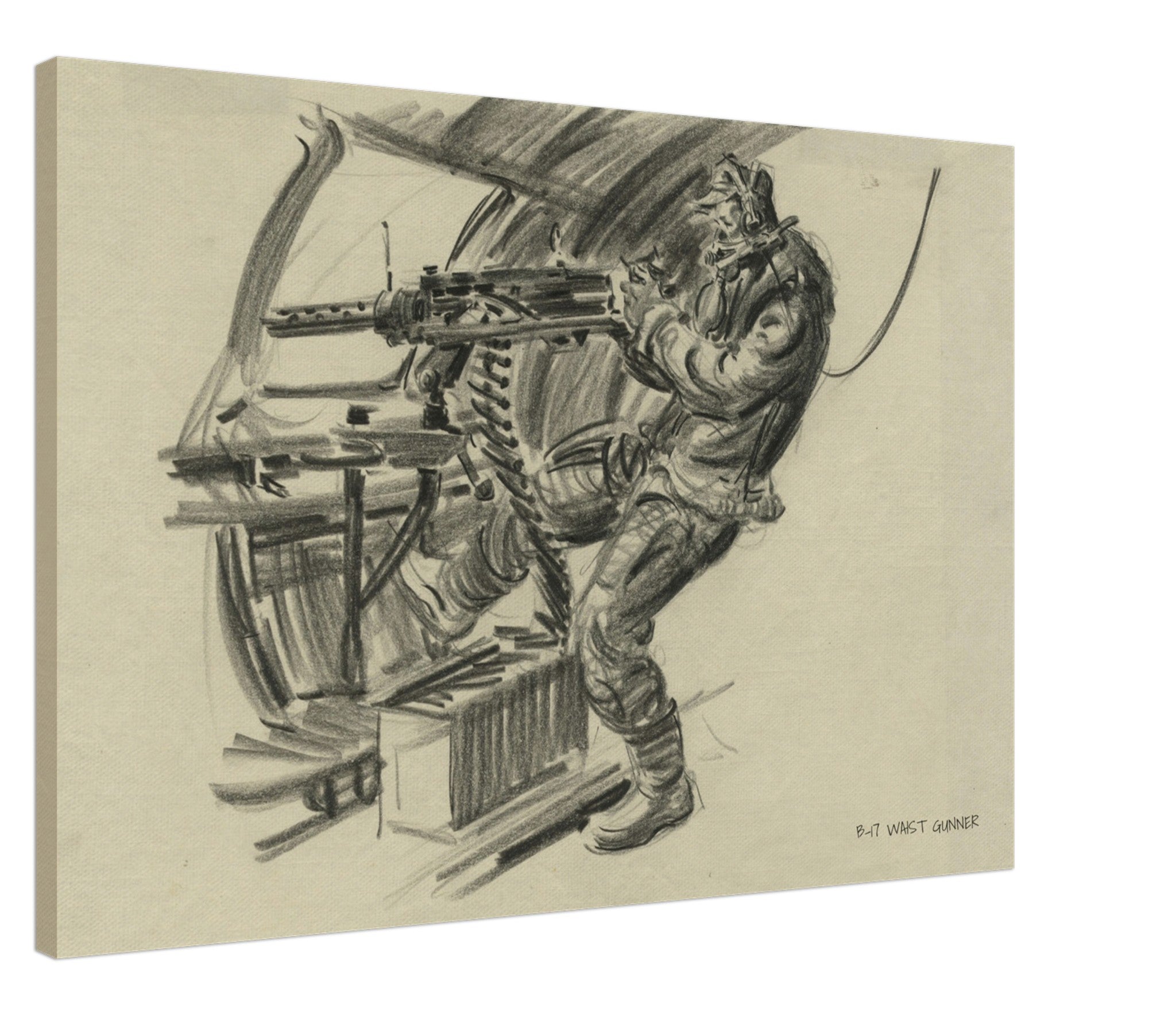 B-17 "Waist Gunner" Reproduction Charcoal Sketch On Canvas - I Love a Hangar