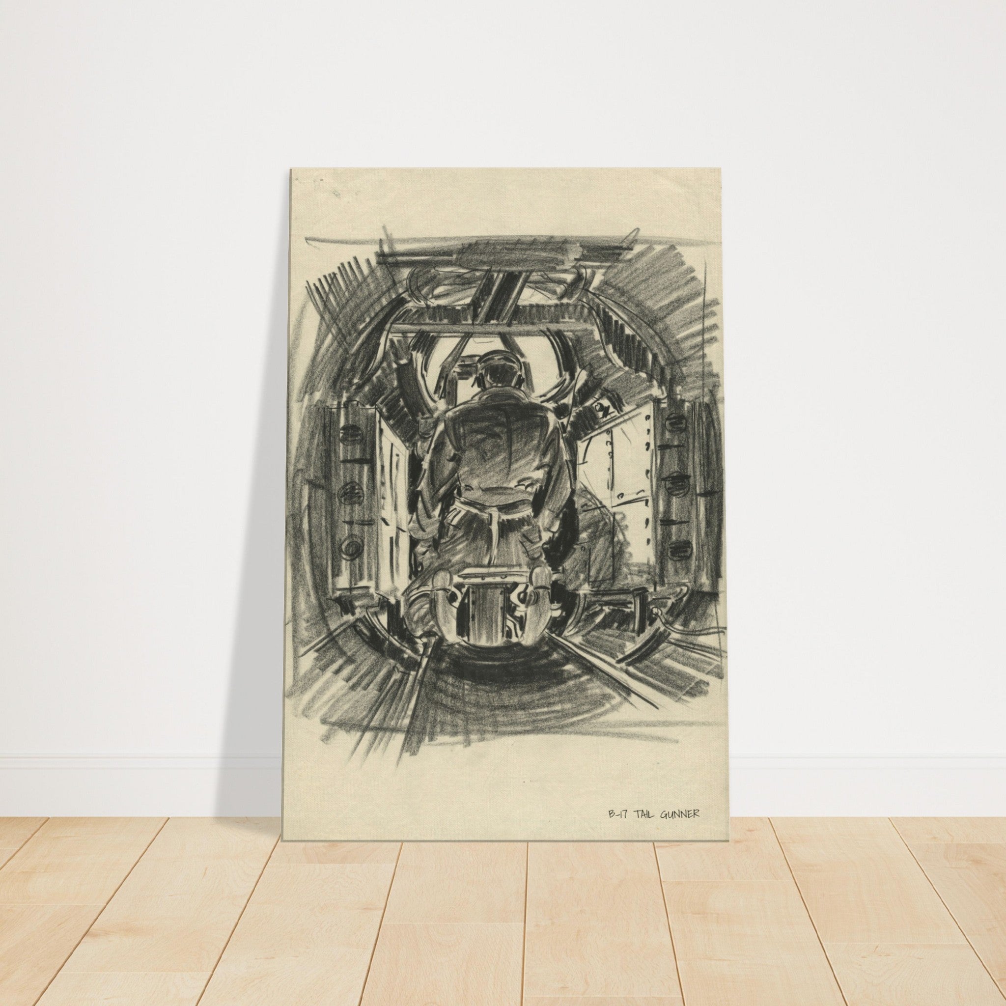 B-17 "Tail Gunner " Reproduction Charcoal Sketch On Canvas - I Love a Hangar